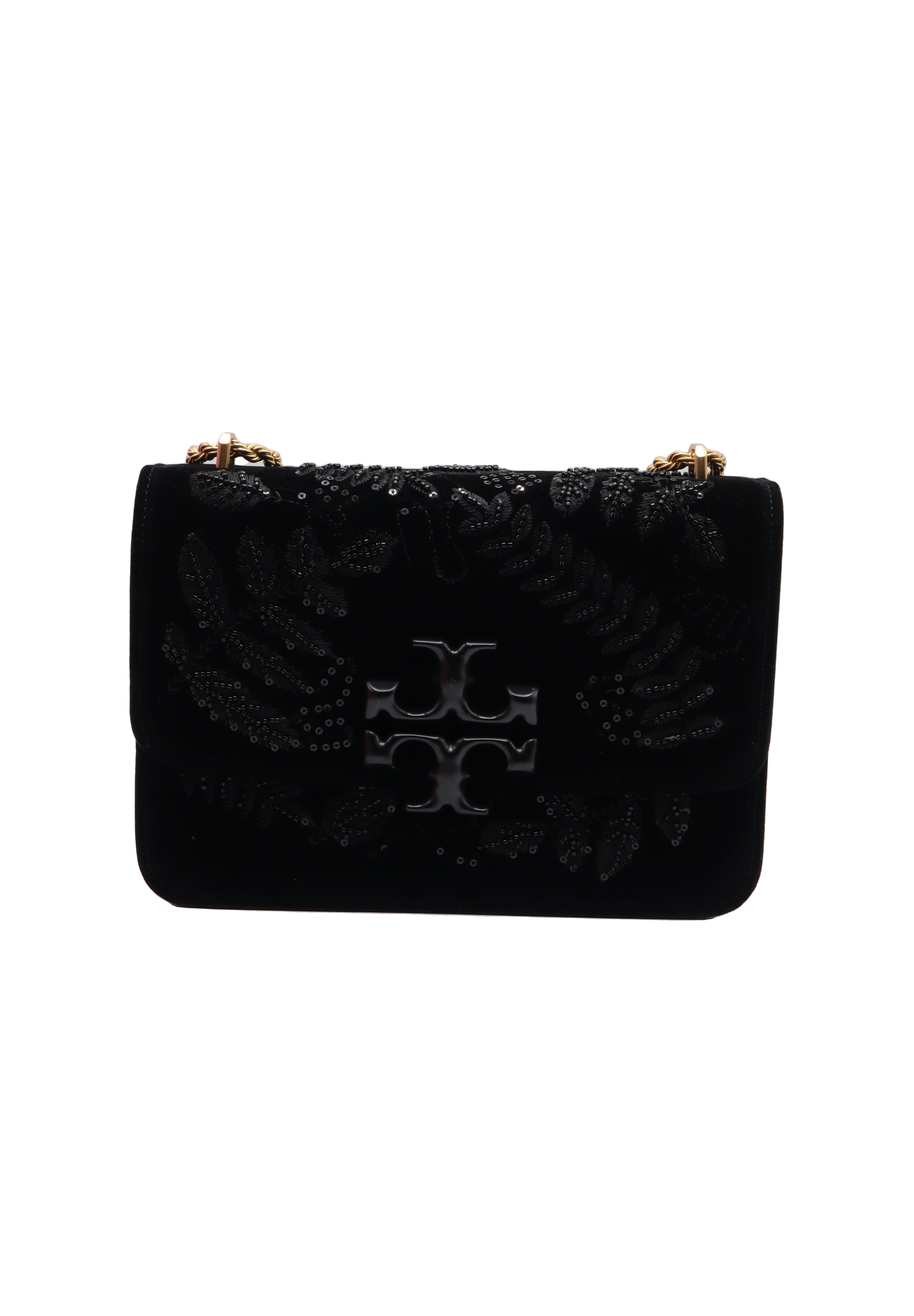 Tory Burch Eleanor Embellished Velvet Shoulder Bag | Black