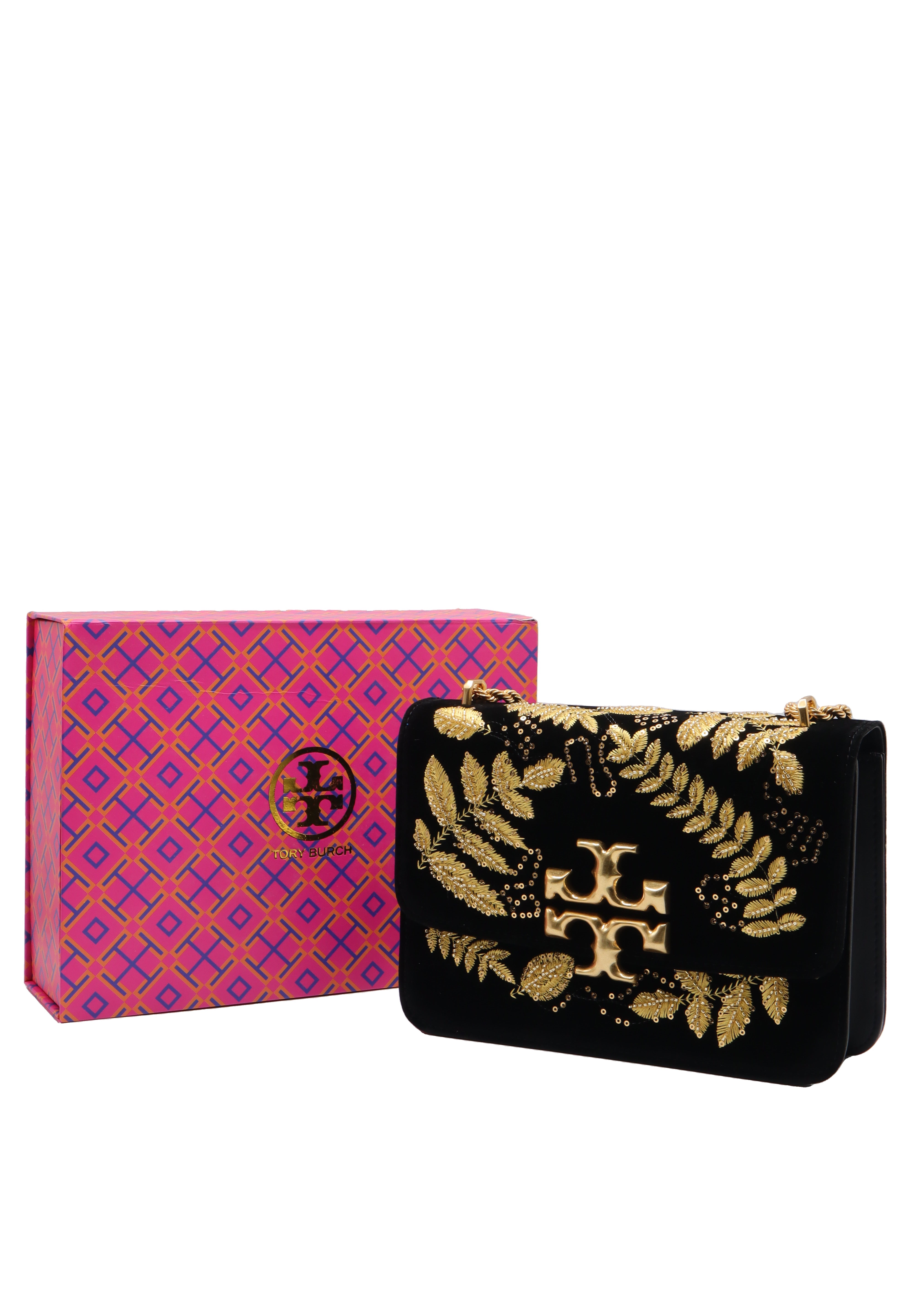 Tory Burch Eleanor Embroidered Velvet Bag | Black & Gold