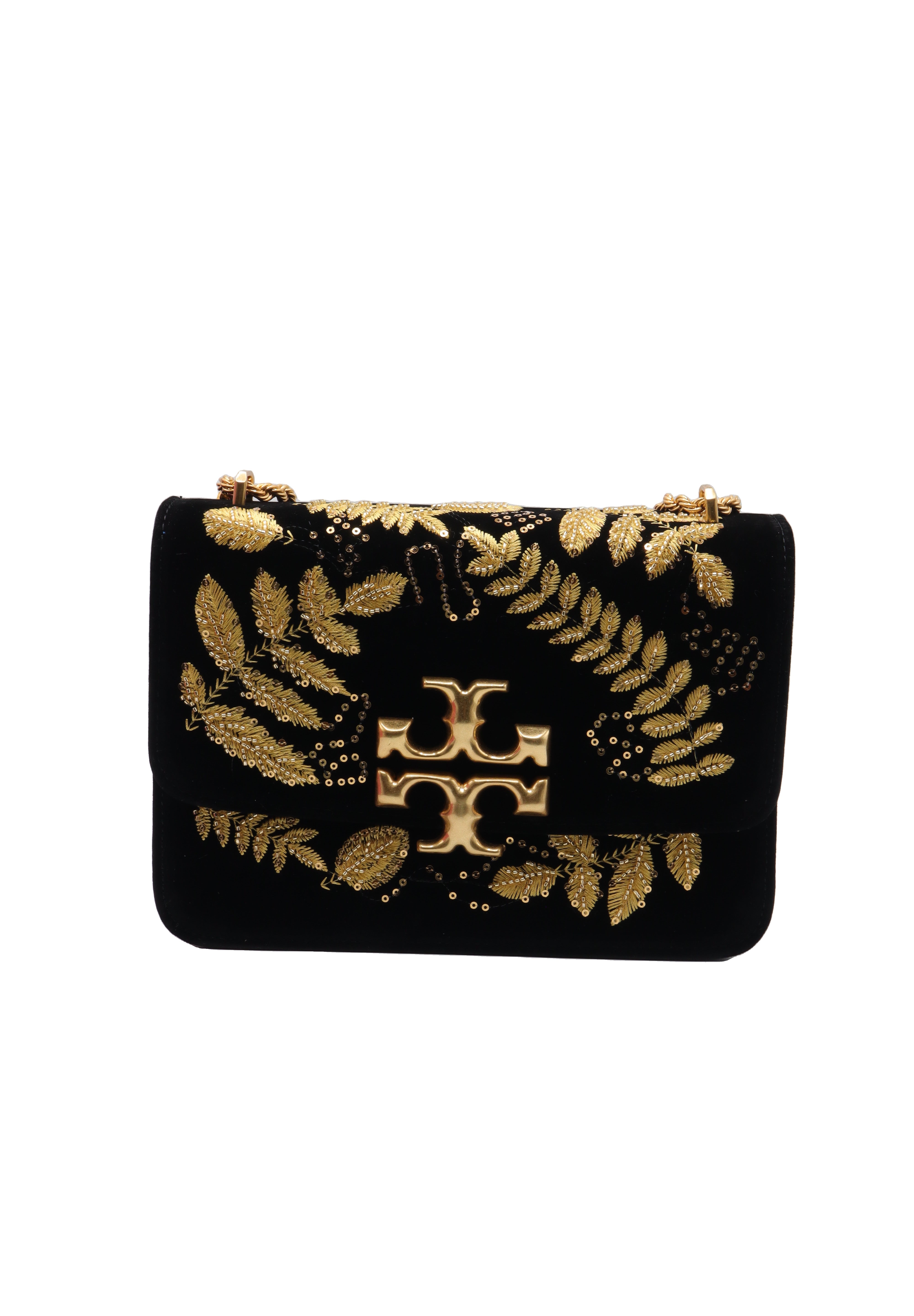 Tory Burch Eleanor Embroidered Velvet Bag | Black & Gold