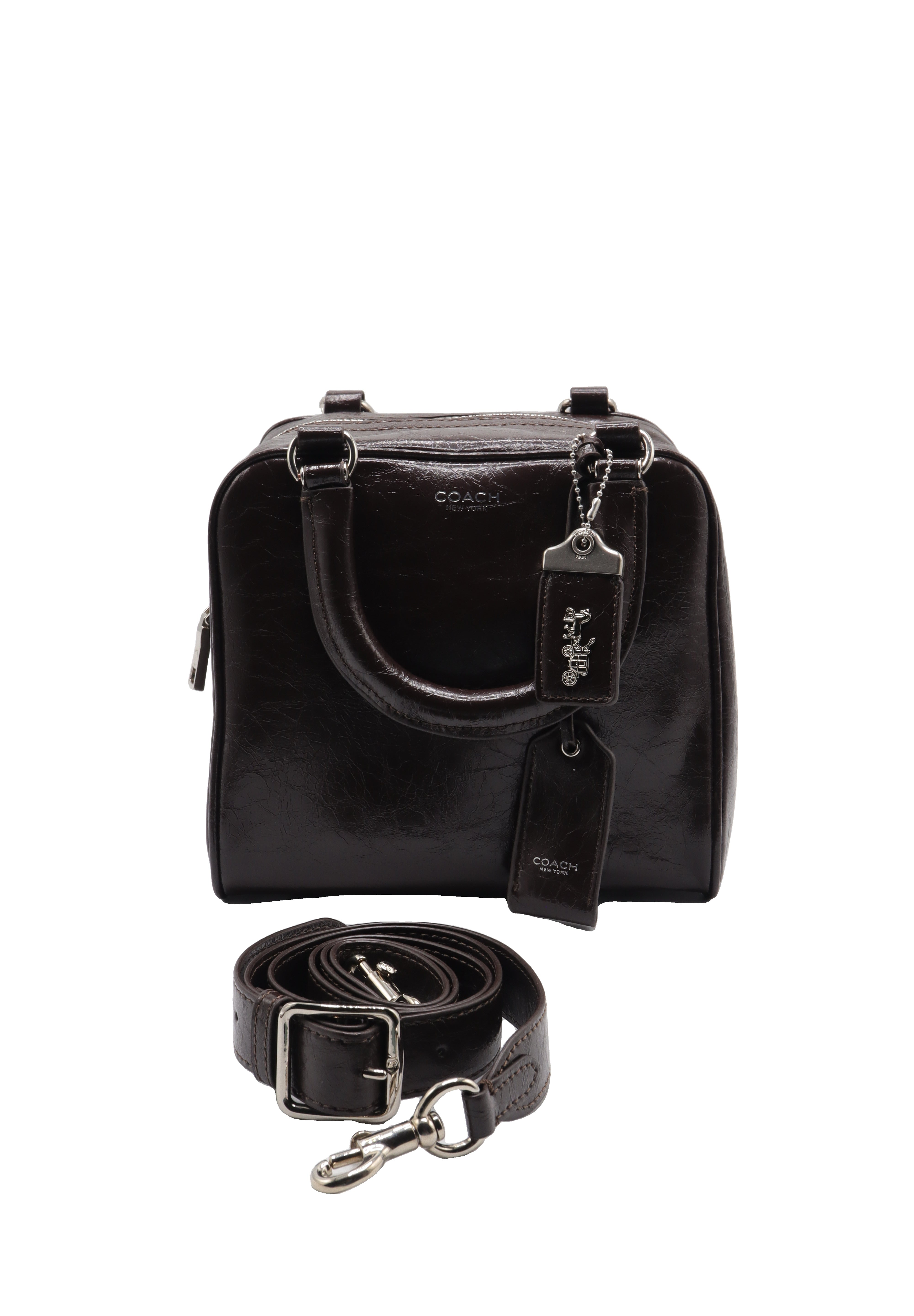 Coach Glazed Leather Bowler Satchel | Dark Brown & Silver