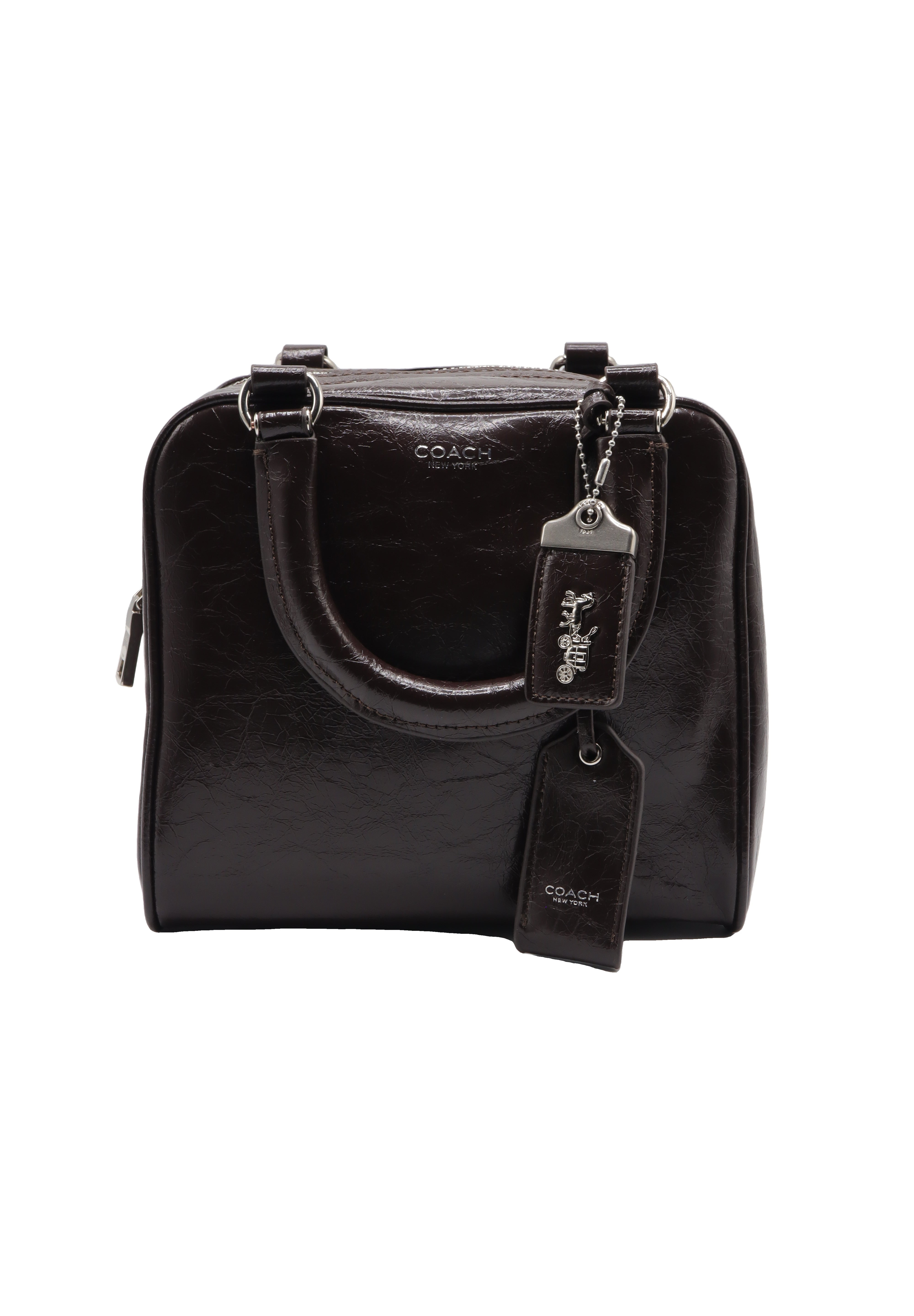 Coach Glazed Leather Bowler Satchel | Dark Brown & Silver
