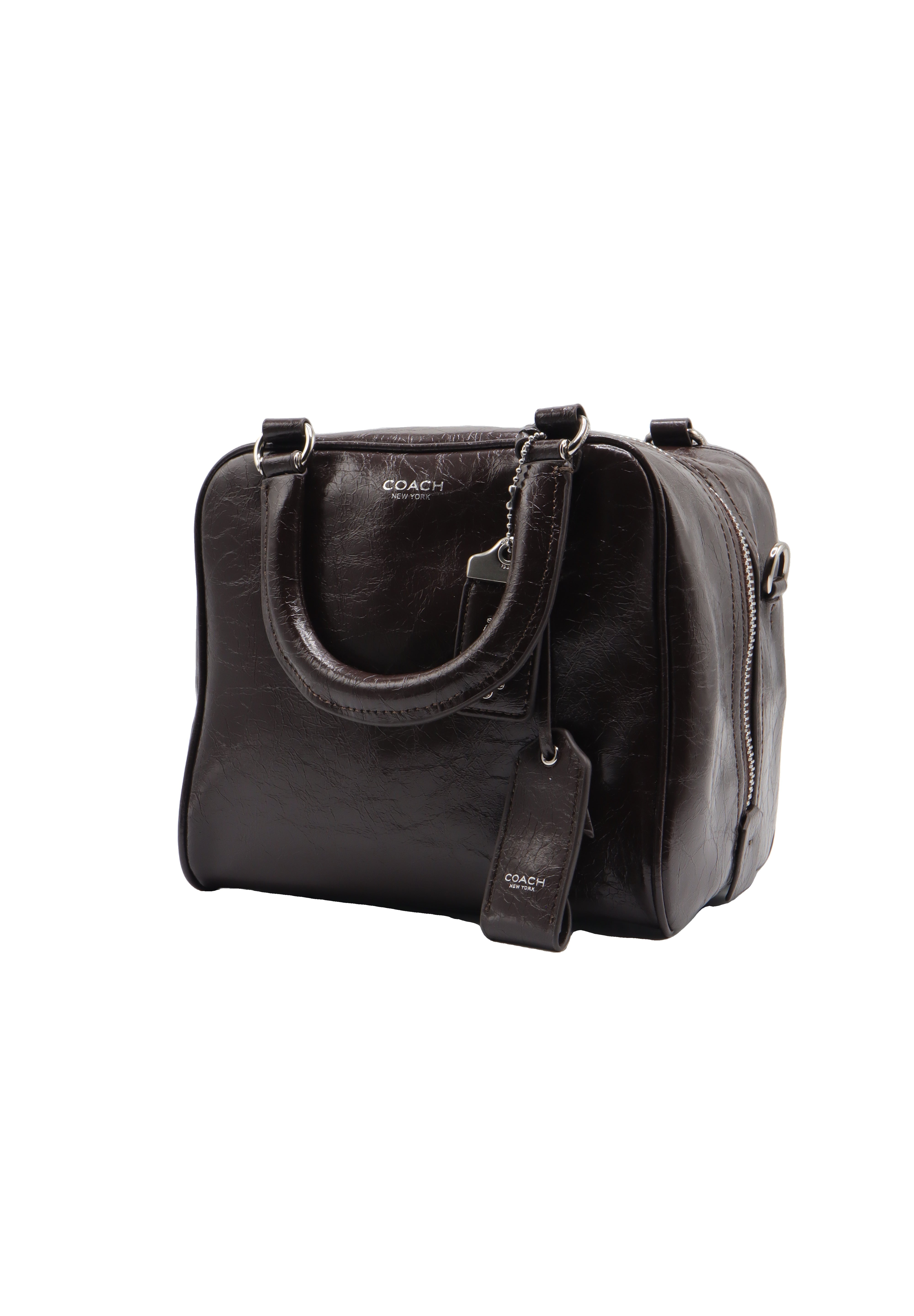 Coach Glazed Leather Bowler Satchel | Dark Brown & Silver