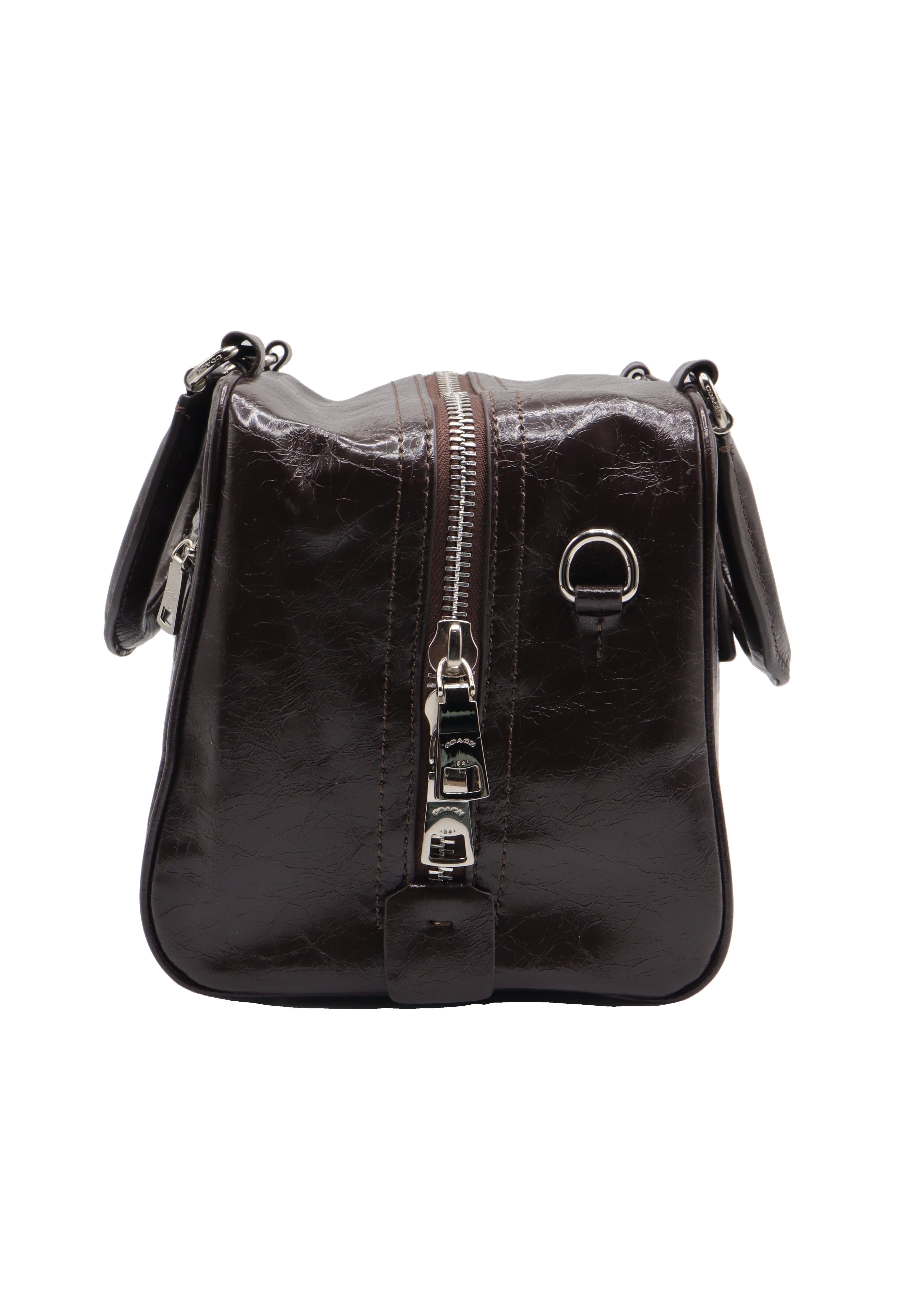 Coach Glazed Leather Bowler Satchel | Dark Brown & Silver