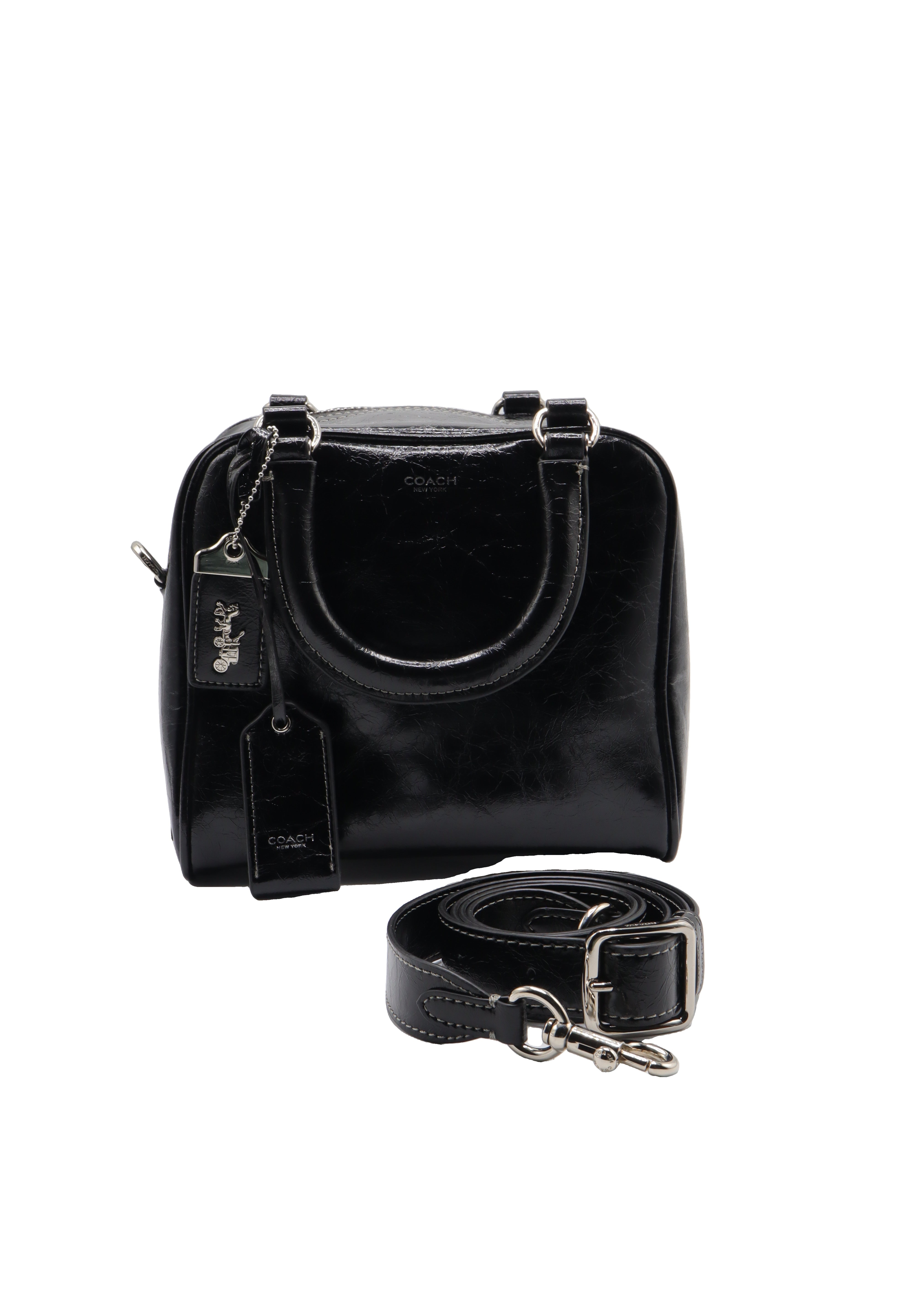 Coach Glazed Leather Bowler Satchel | Classic Black & Silver