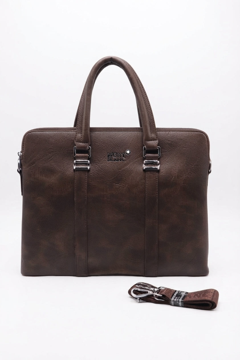 Montblanc Slim Leather Briefcase Laptop Bag | Mocha Brown