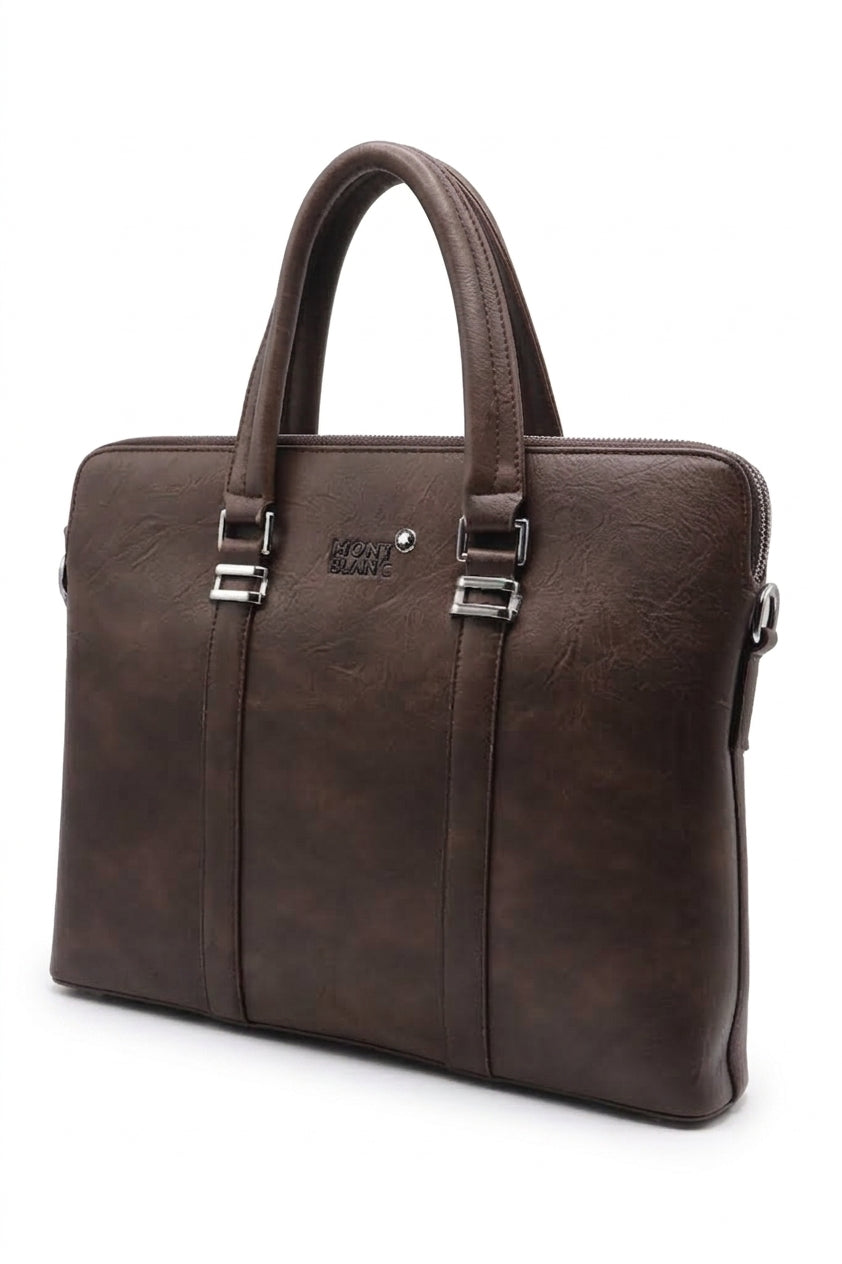 Montblanc Slim Leather Briefcase Laptop Bag | Mocha Brown
