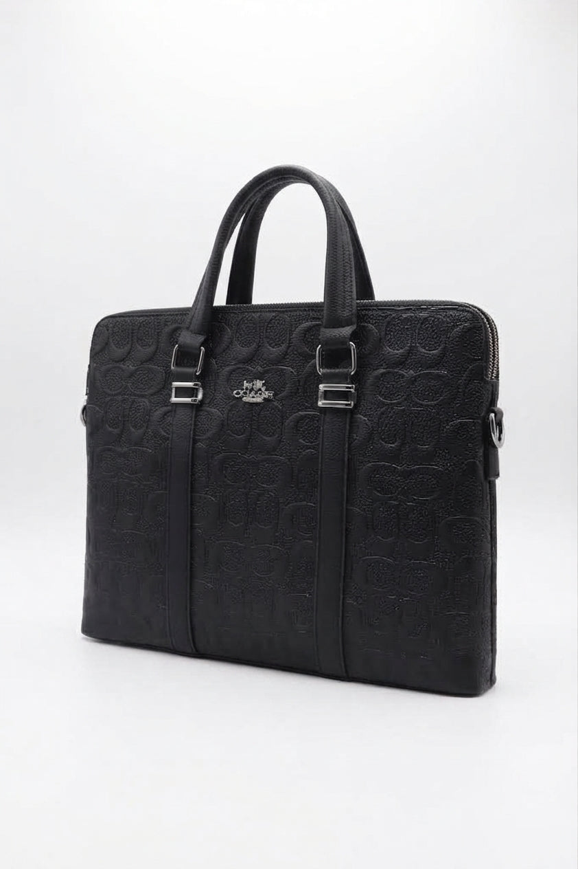 Coach Slim Embossed Leather Briefcase Laptop Bag | Black & Silver