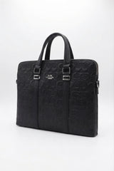Coach Slim Embossed Leather Briefcase Laptop Bag | Black & Silver