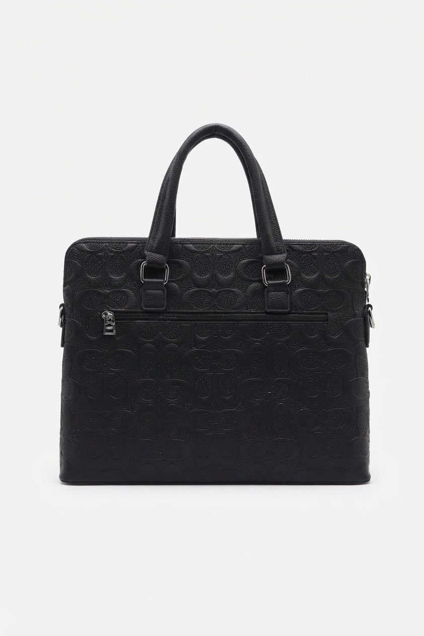 Coach Slim Embossed Leather Briefcase Laptop Bag | Black & Silver