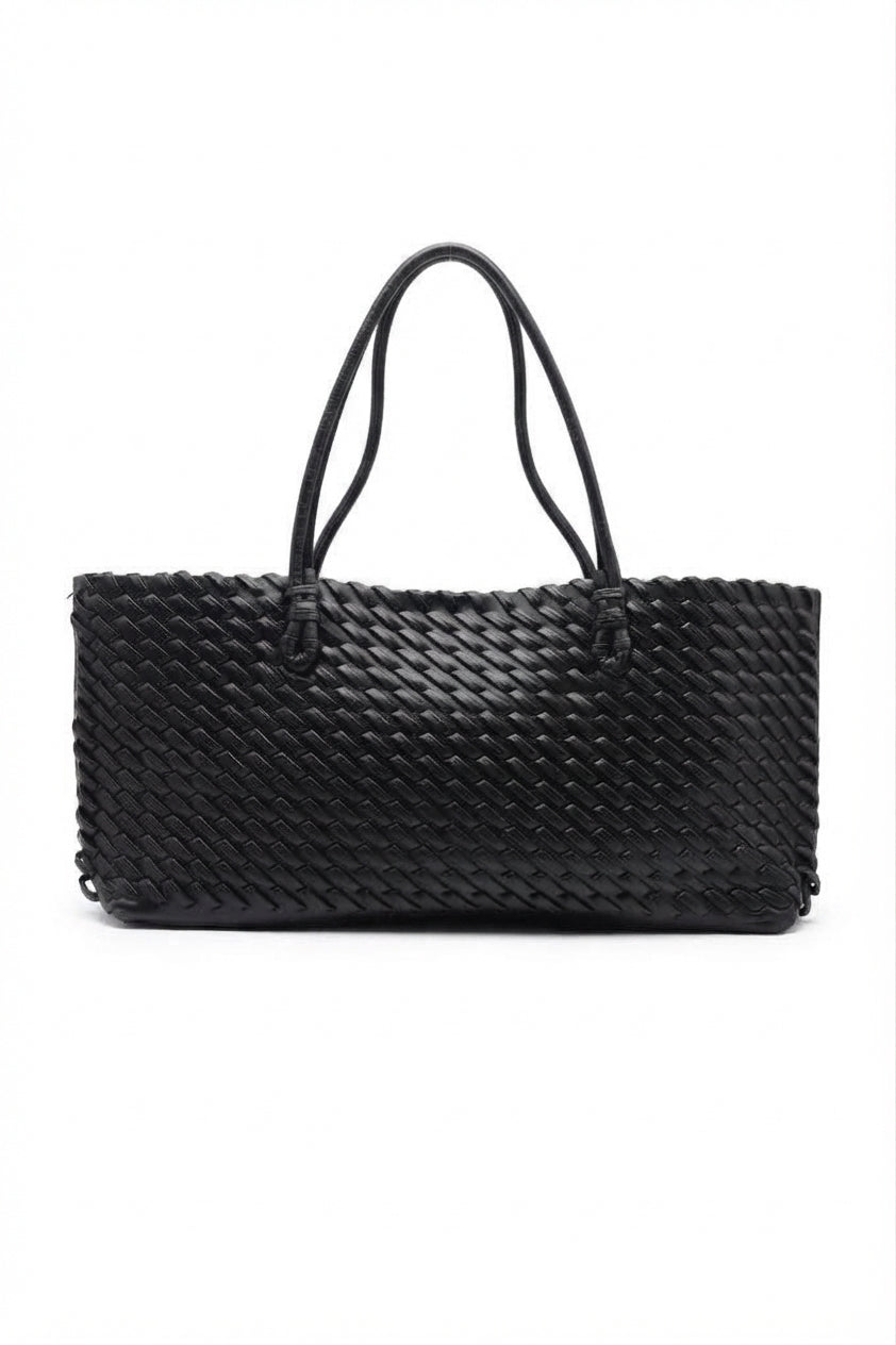 Woven Leather East-West Tote Bag | Classic Black