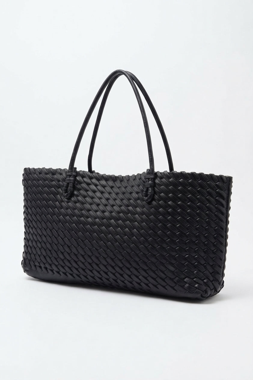 Woven Leather East-West Tote Bag | Classic Black