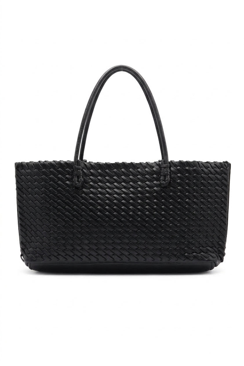 Woven Leather East-West Tote Bag | Classic Black