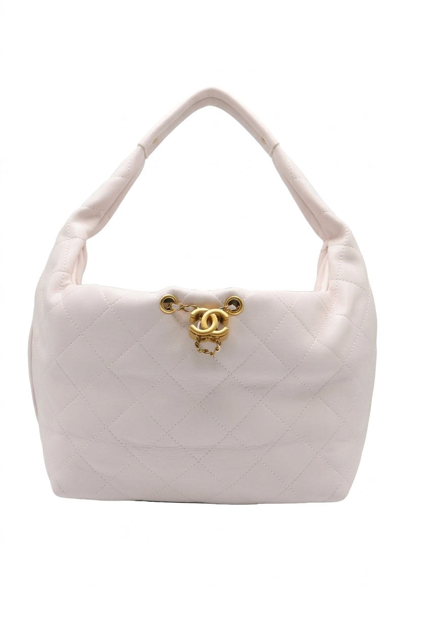 Chanel Small Quilted Leather Hobo Bag | White & Gold