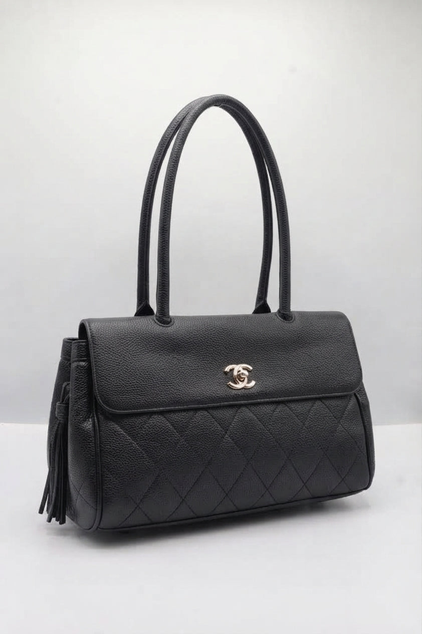 Chanel Quilted Caviar Leather Tote Bag | Black & Pale Gold