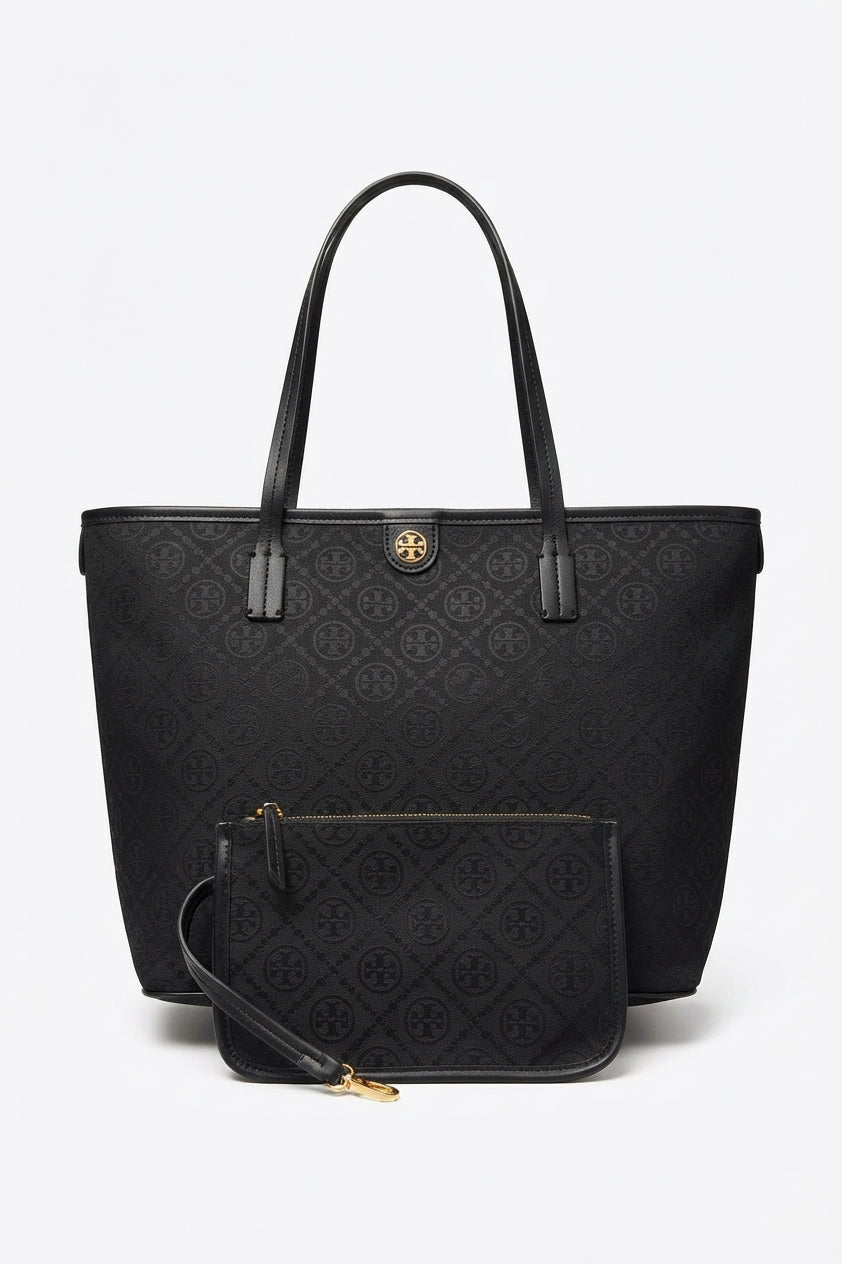 Tory Burch T Monogram Tote Bag with Pouch | Black & Gold