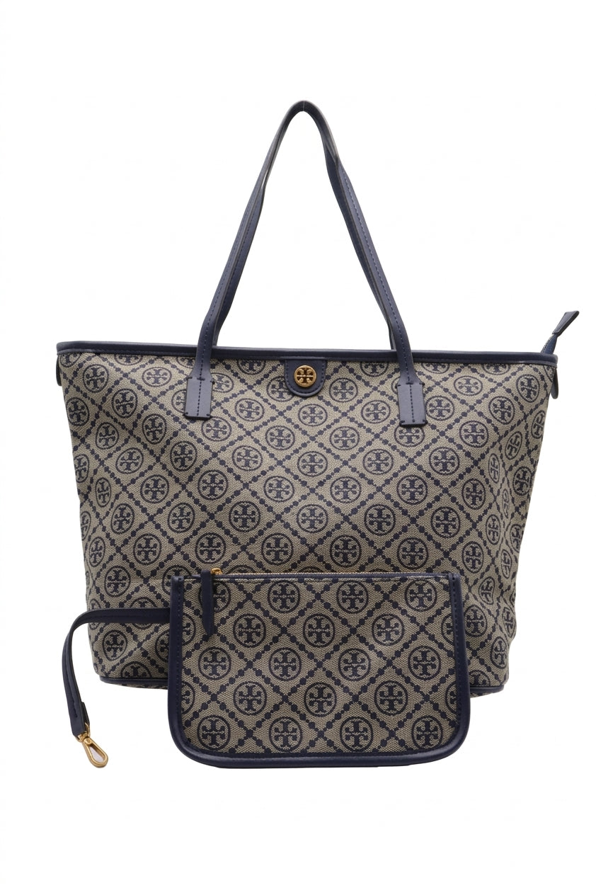 Tory Burch Ever-Ready Monogram Tote Bag | Navy & Beige