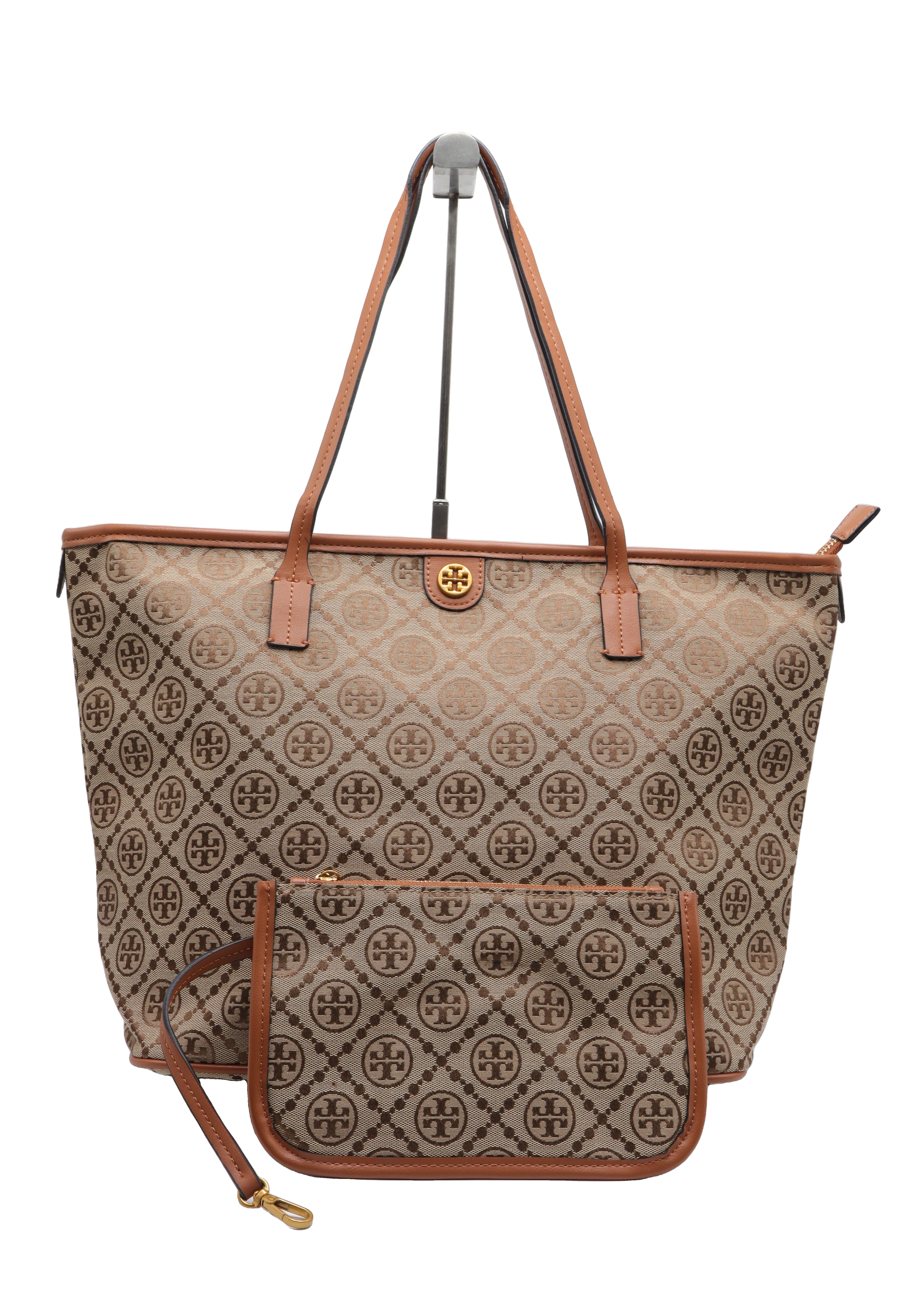 Tory Burch T Monogram Tote Bag with Pouch | Hazelnut & Gold