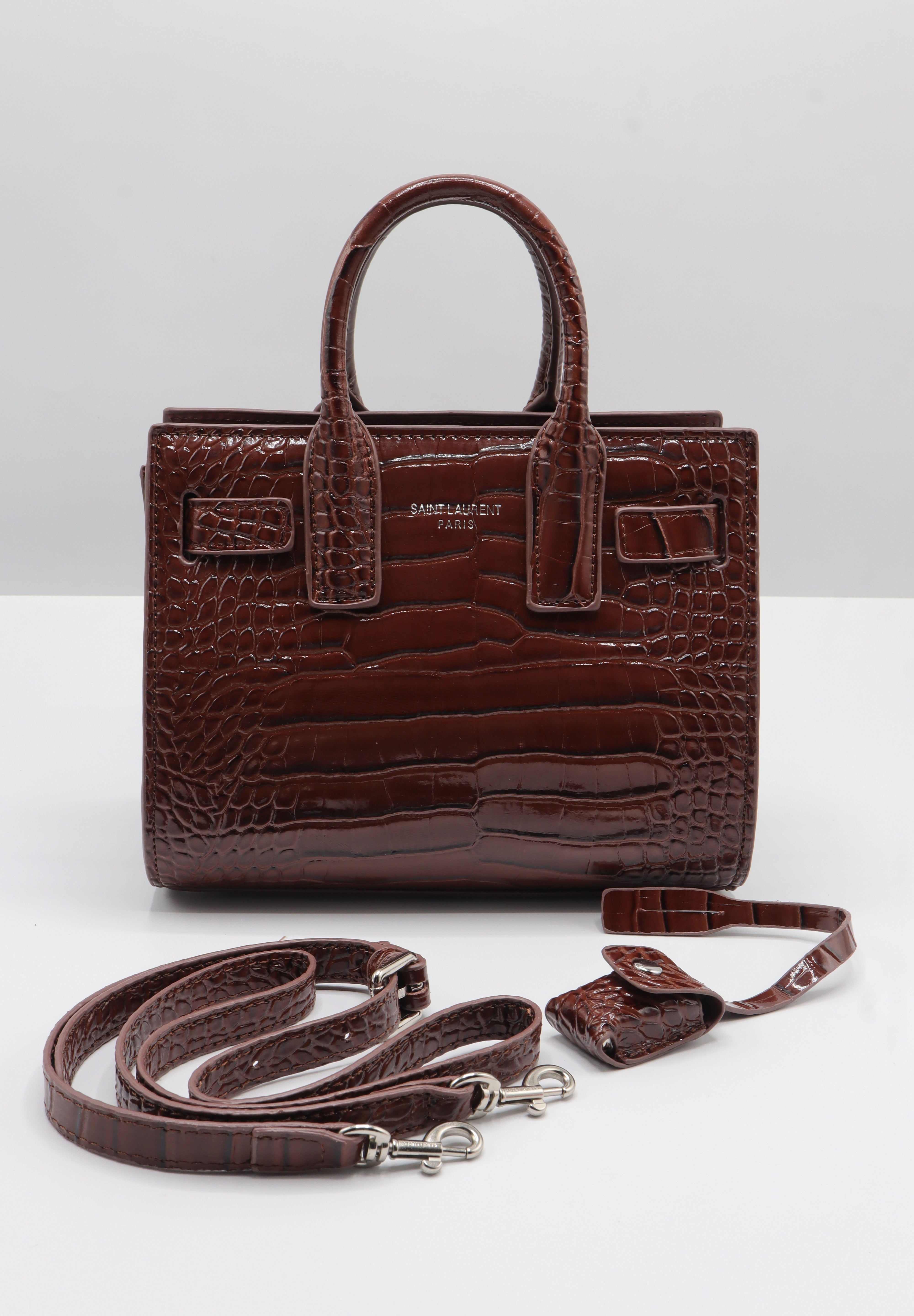 Saint Laurent Sac de Jour Croc-Embossed Bag | Mahogany & Silver