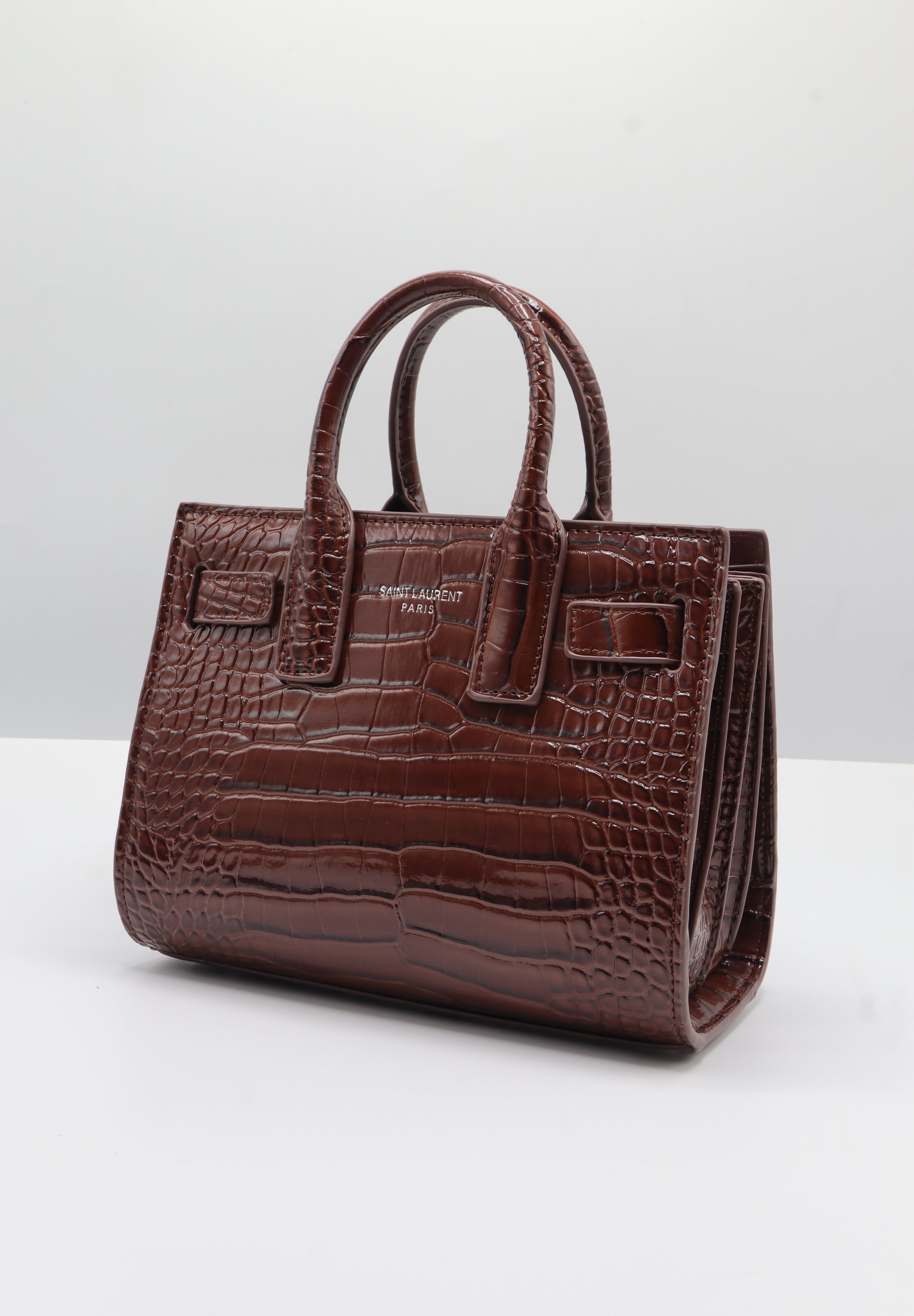 Saint Laurent Sac de Jour Croc-Embossed Bag | Mahogany & Silver