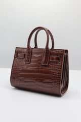 Saint Laurent Sac de Jour Croc-Embossed Bag | Mahogany & Silver
