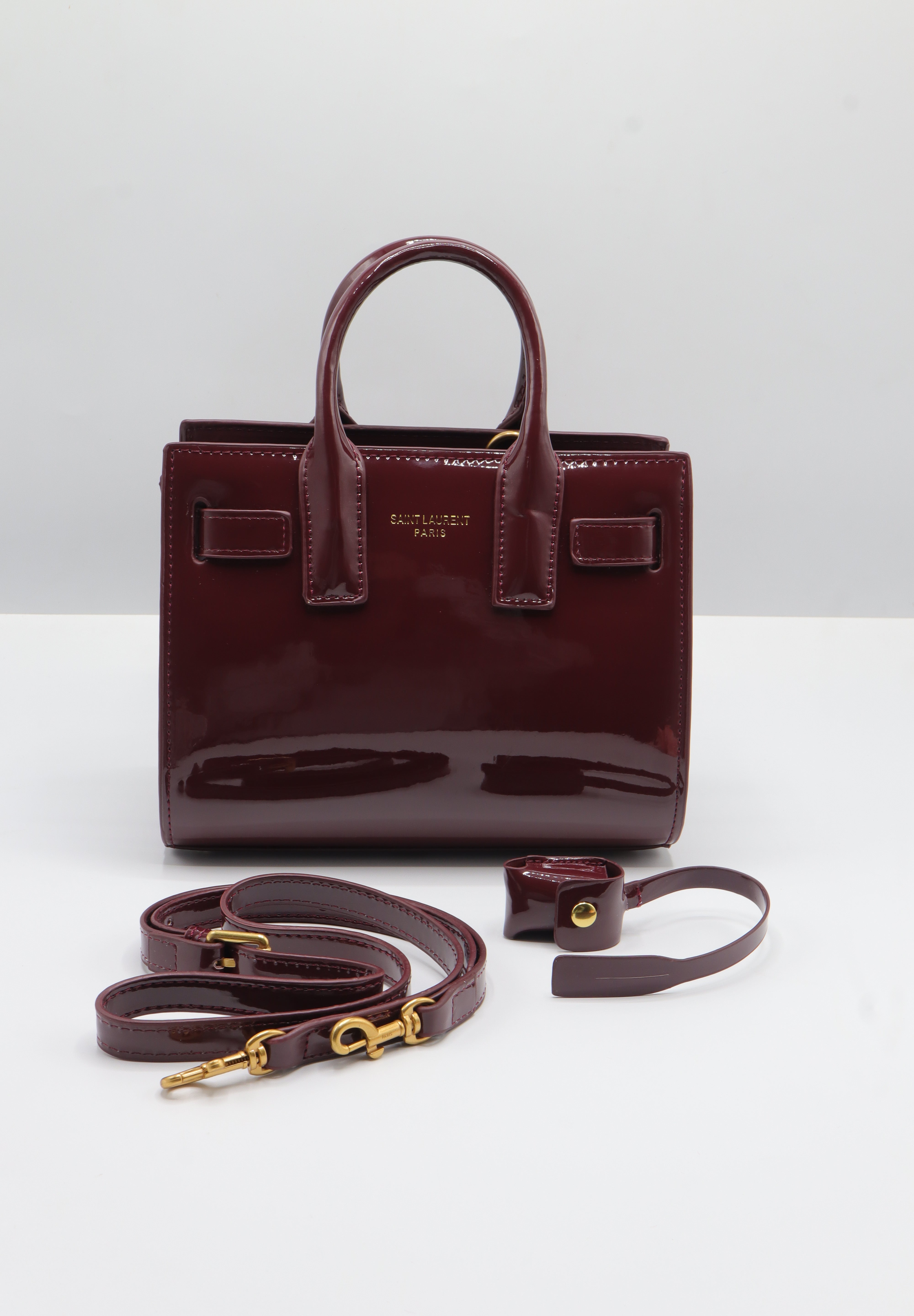 Saint Laurent Sac de Jour Patent Leather Bag | Burgundy & Gold