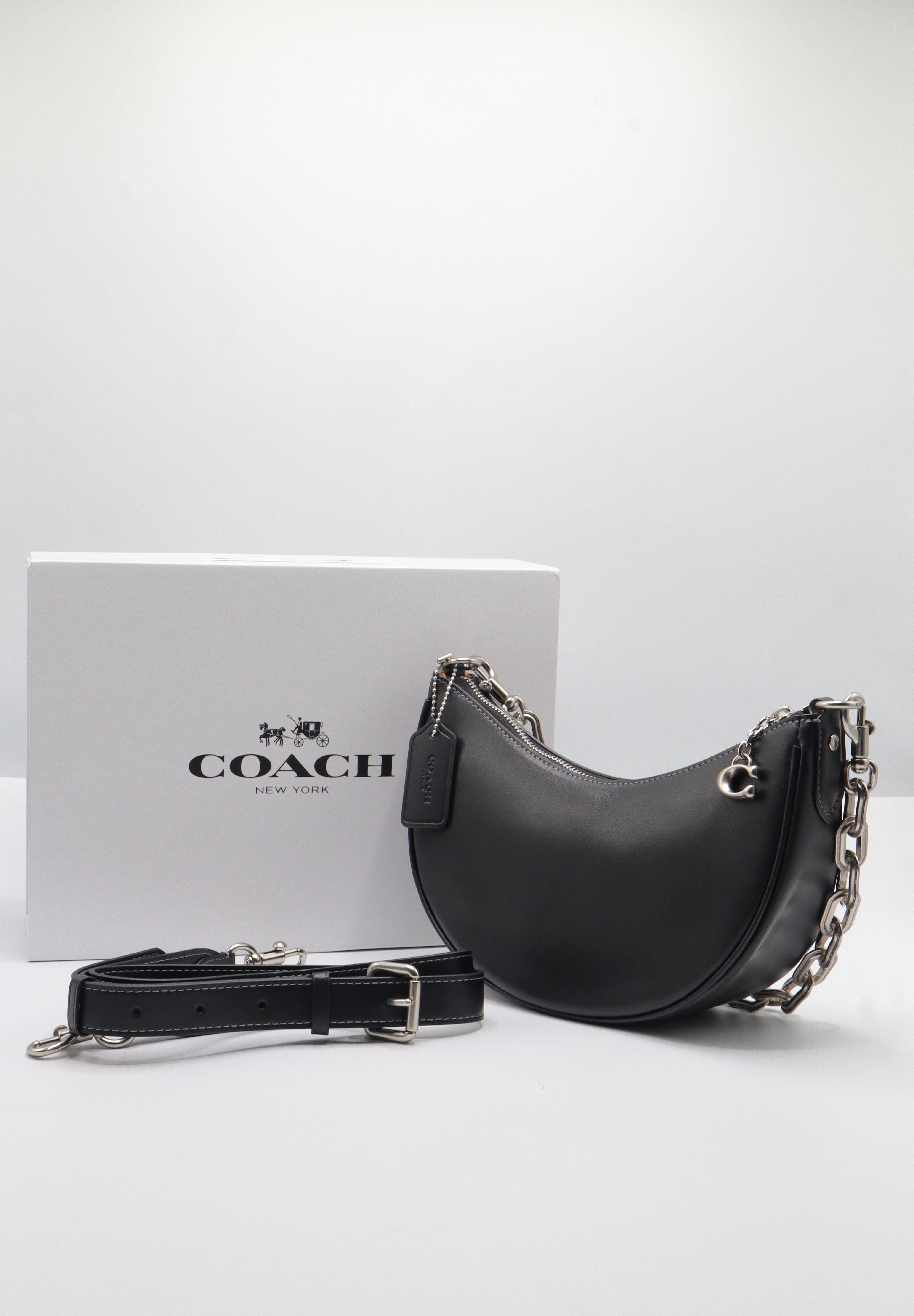 Coach Luna Shoulder Bag | Black Leather & Silver Chain