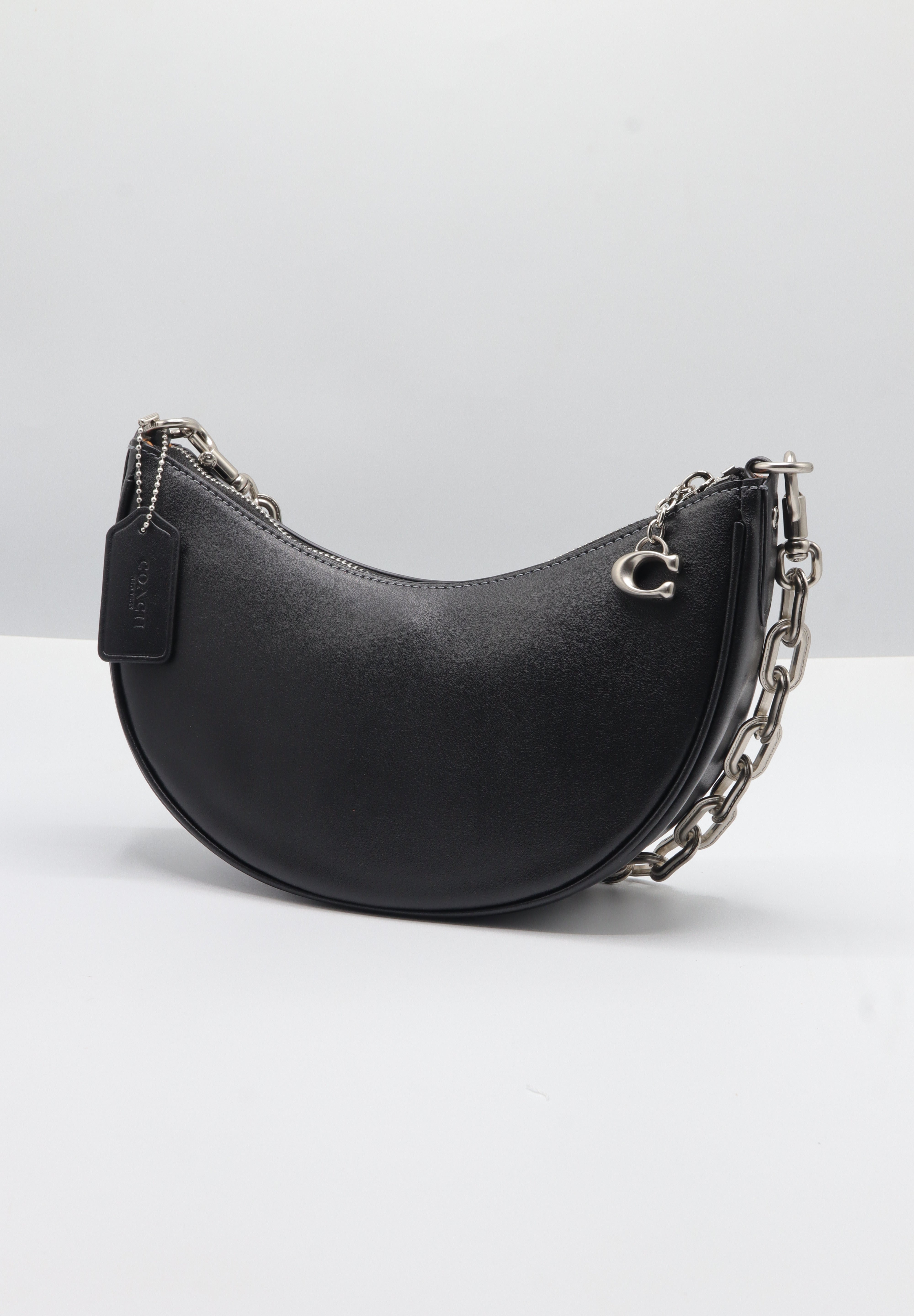 Coach Luna Shoulder Bag | Black Leather & Silver Chain