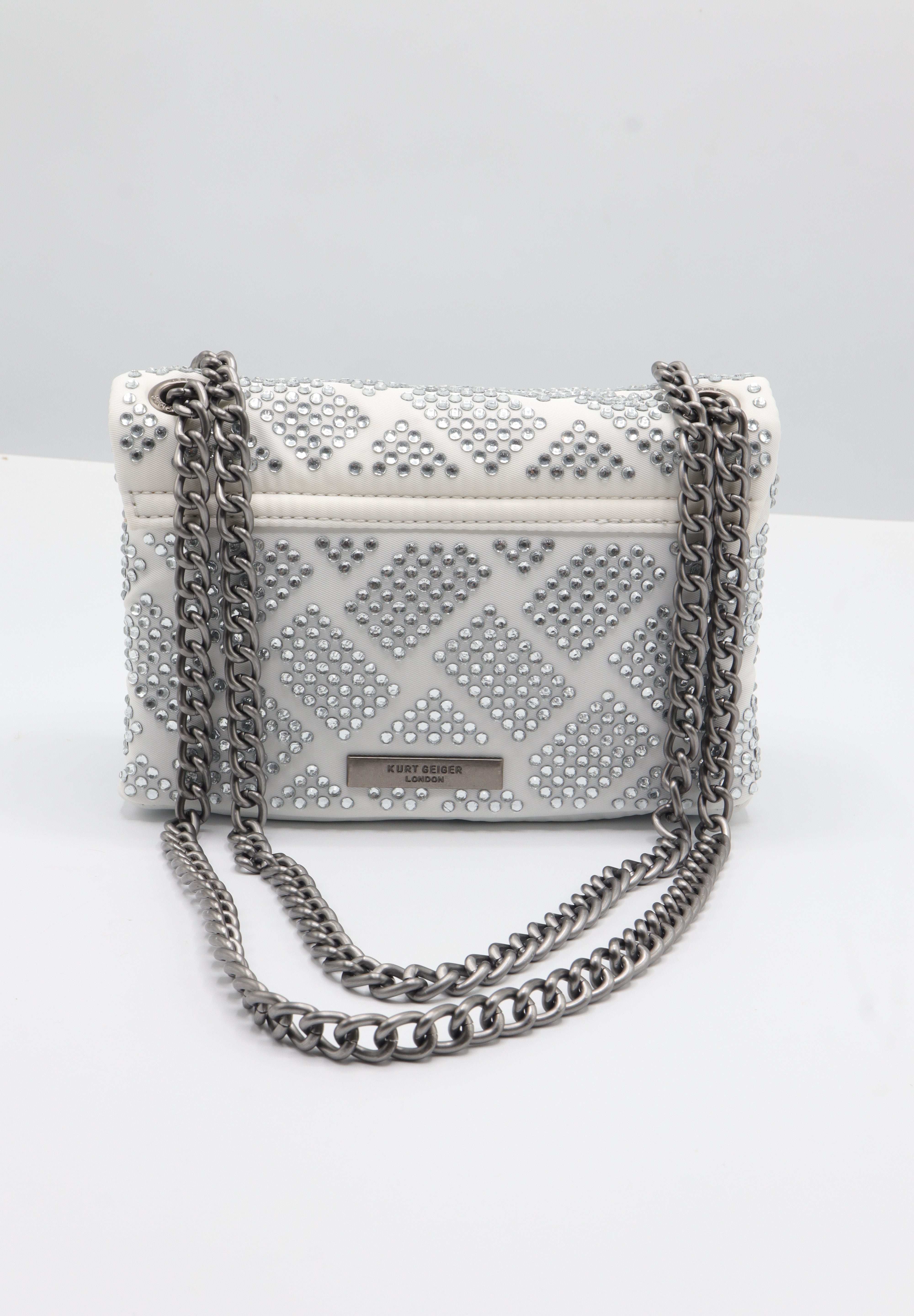 Kurt Geiger Kensington Crystal Bag | White Quilted & Gunmetal