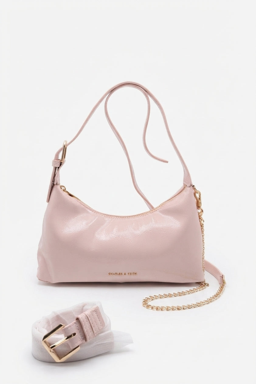 Charles & Keith Patent Shoulder Bag | Pastel Pink & Gold
