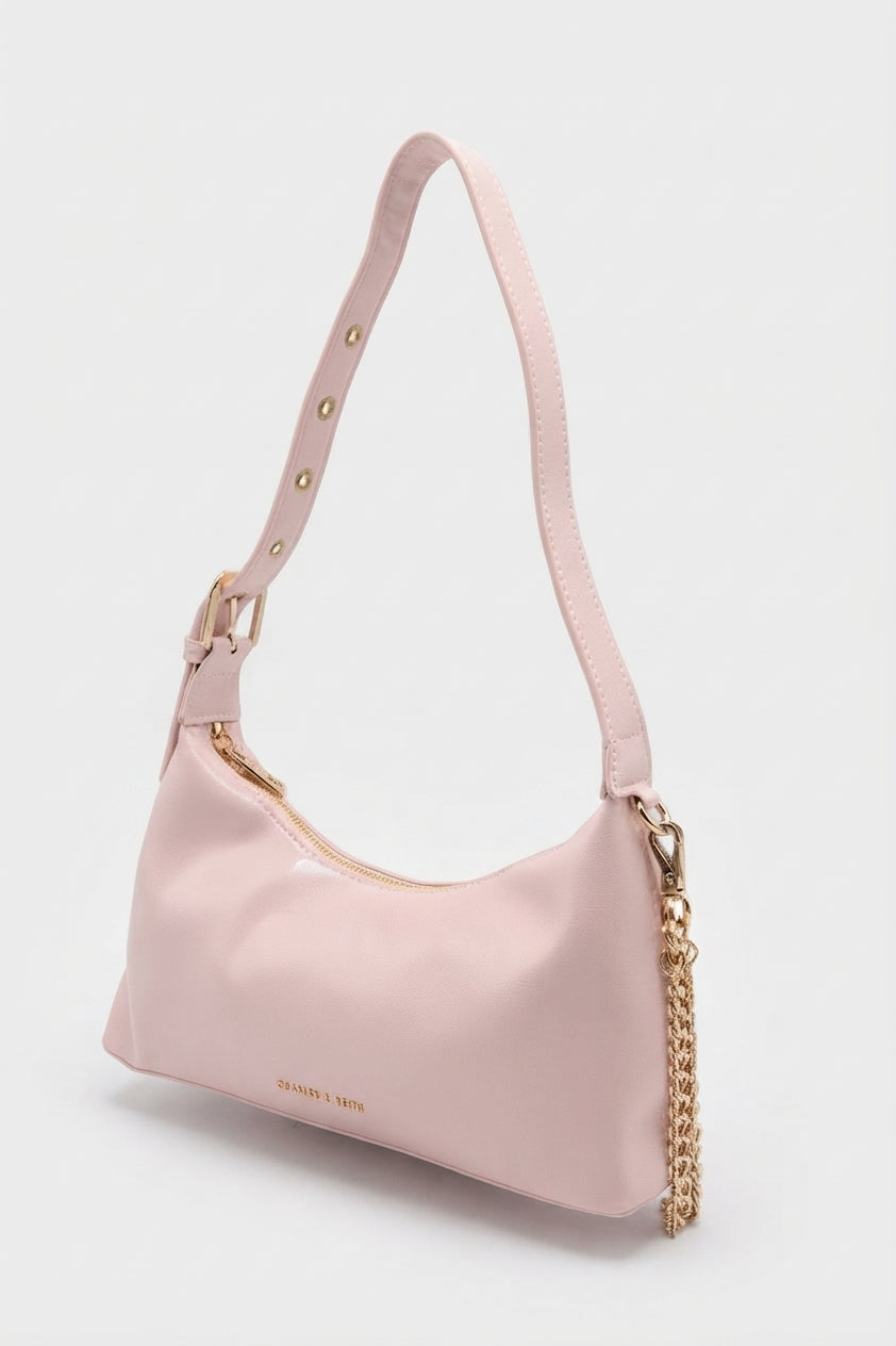 Charles & Keith Patent Shoulder Bag | Pastel Pink & Gold