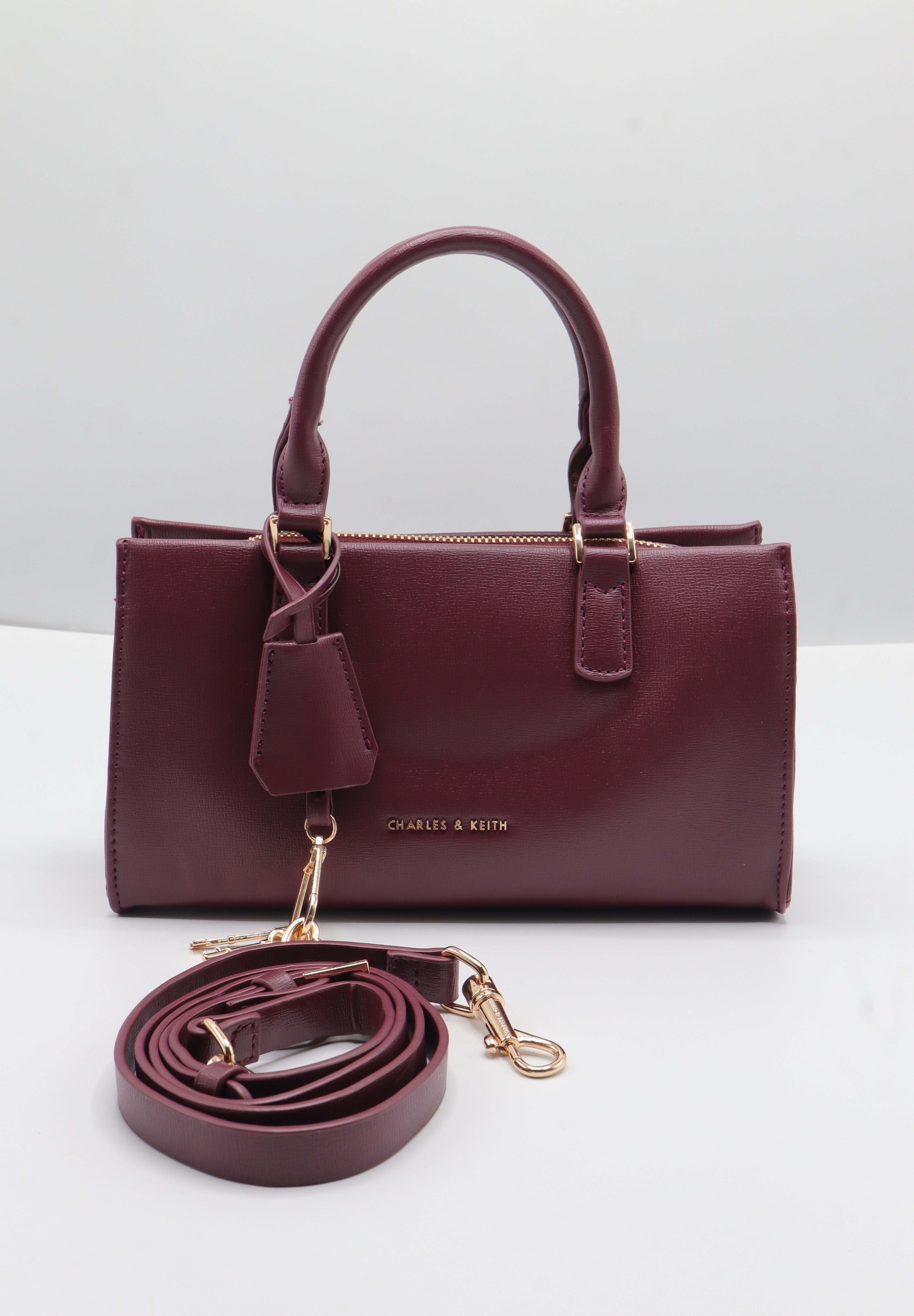 Charles & Keith City Tote | Deep Burgundy & Gold