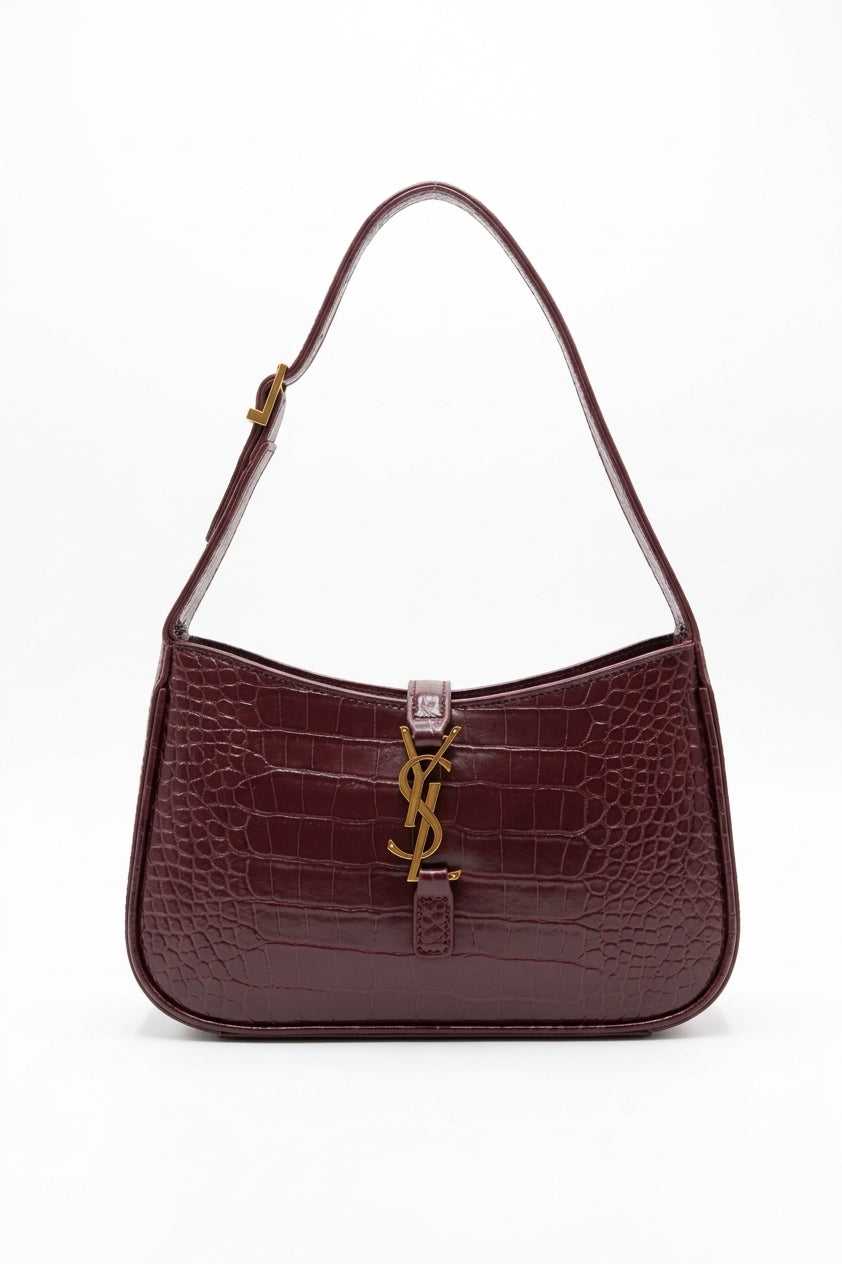Saint Laurent LE 5 À 7 Croc-Embossed Bag | Burgundy & Gold