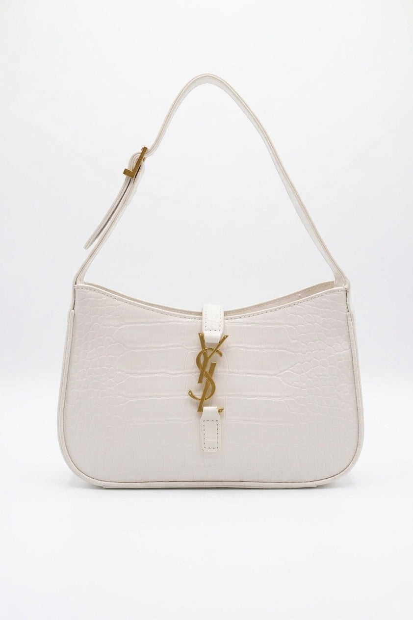 Saint Laurent LE 5 À 7 Croc-Embossed Bag | White & Gold