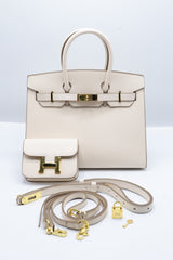 Hermès Birkin 25 Bag & Pouch Set | Craie White Epsom Leather & Gold