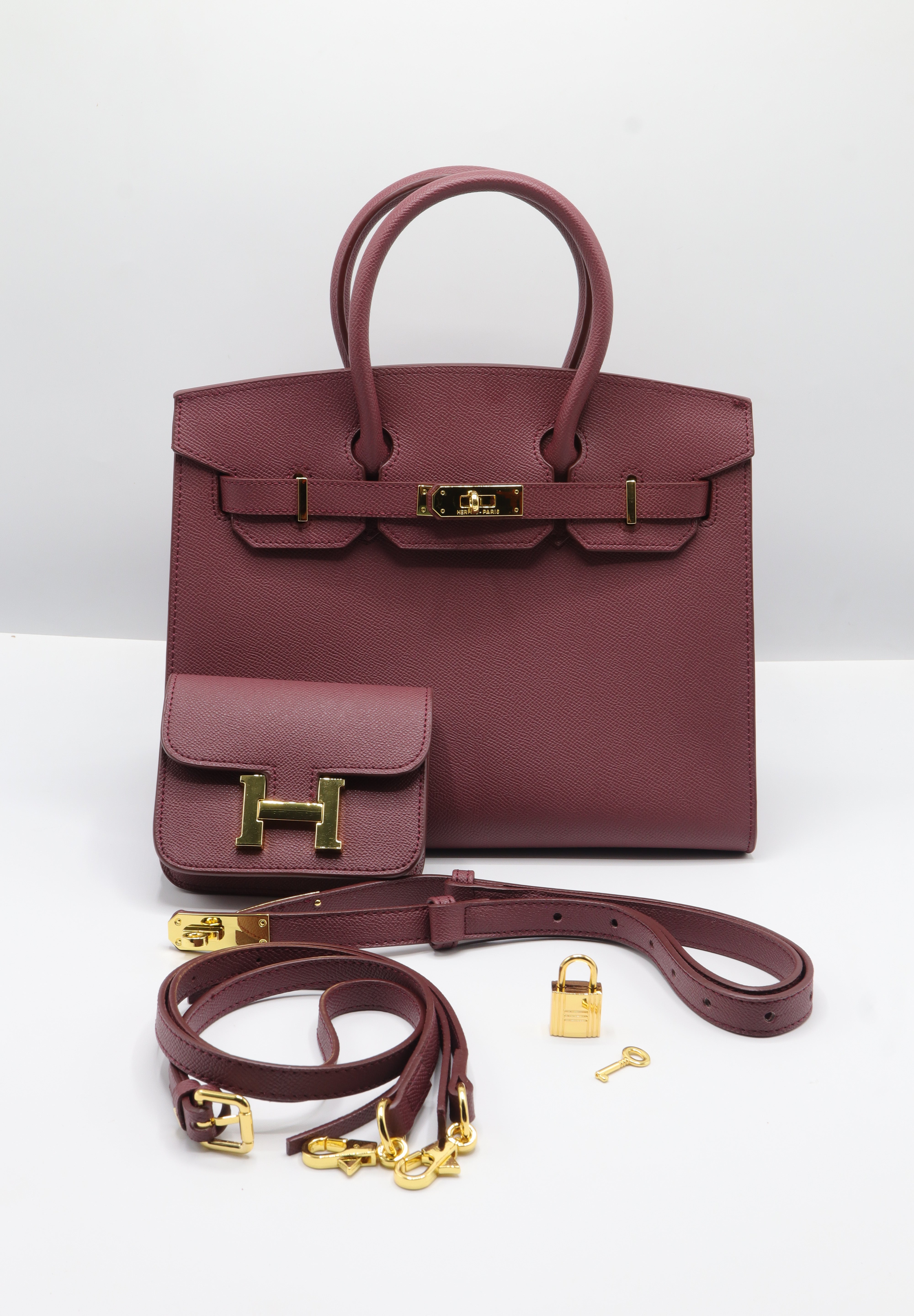 Hermès Birkin 25 Bag & Pouch Set | Burgundy Epsom Leather & Gold