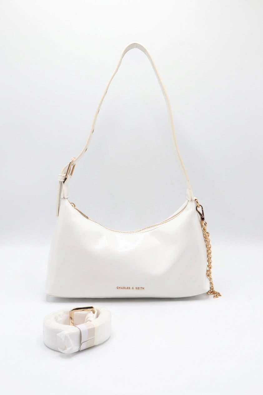 Charles & Keith Patent Shoulder Bag | Crisp White & Gold