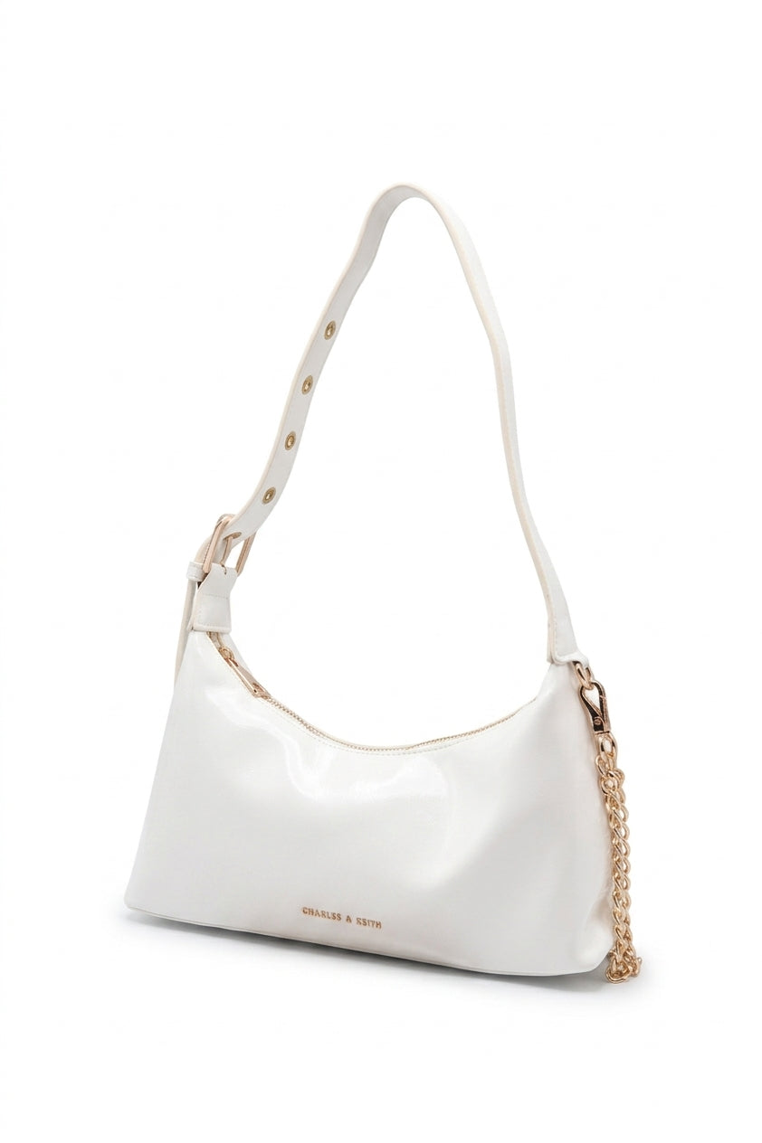 Charles & Keith Patent Shoulder Bag | Crisp White & Gold