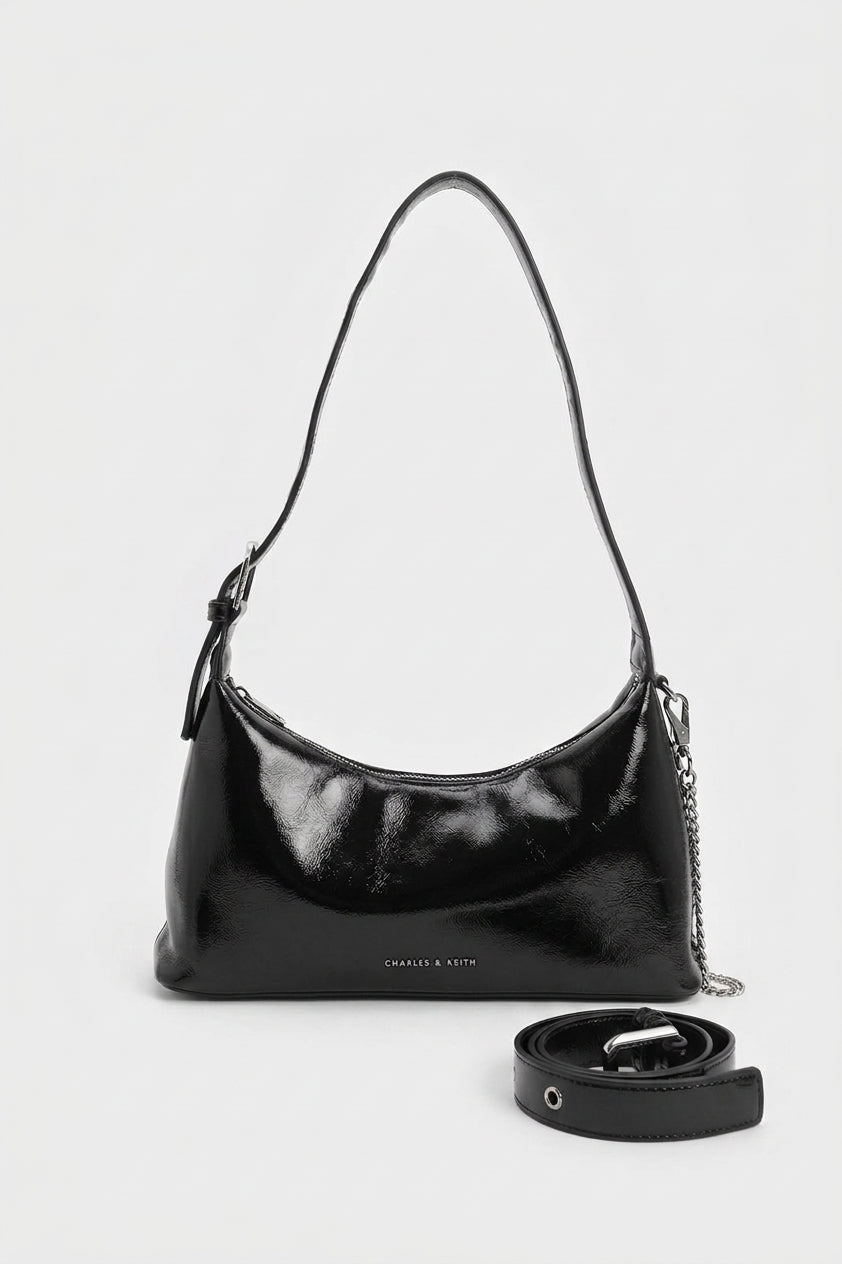 Charles & Keith Patent Shoulder Bag | Sleek Black & Silver