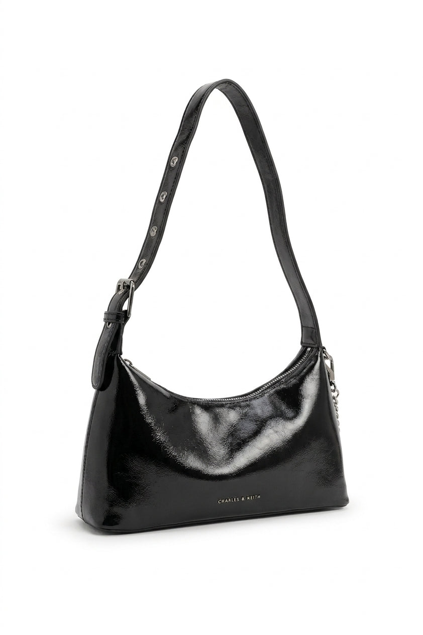 Charles & Keith Patent Shoulder Bag | Sleek Black & Silver