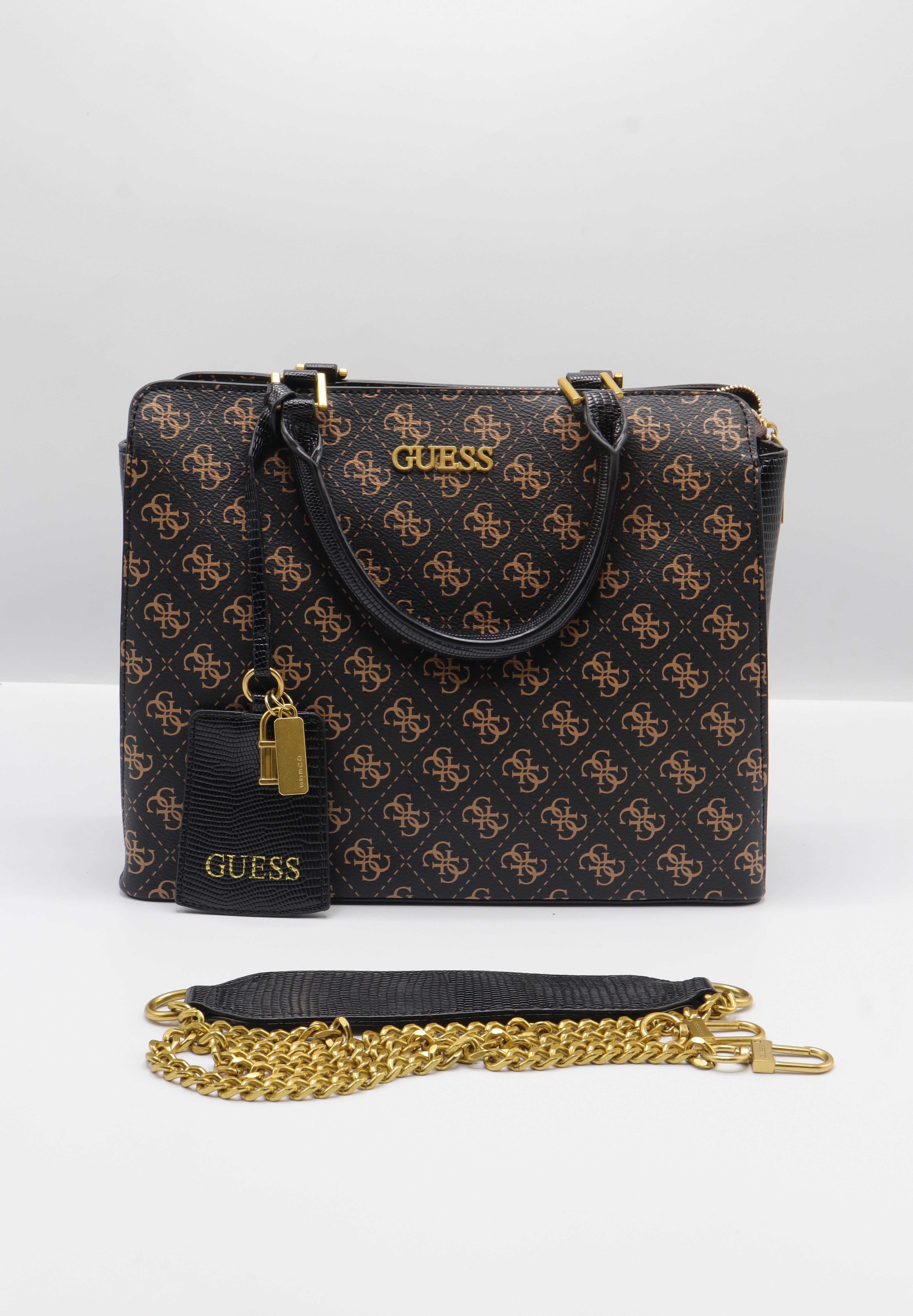 Guess Logo Satchel Bag | Brown 4G Print & Gold Hardware