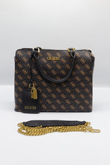 Guess Logo Satchel Bag | Brown 4G Print & Gold Hardware