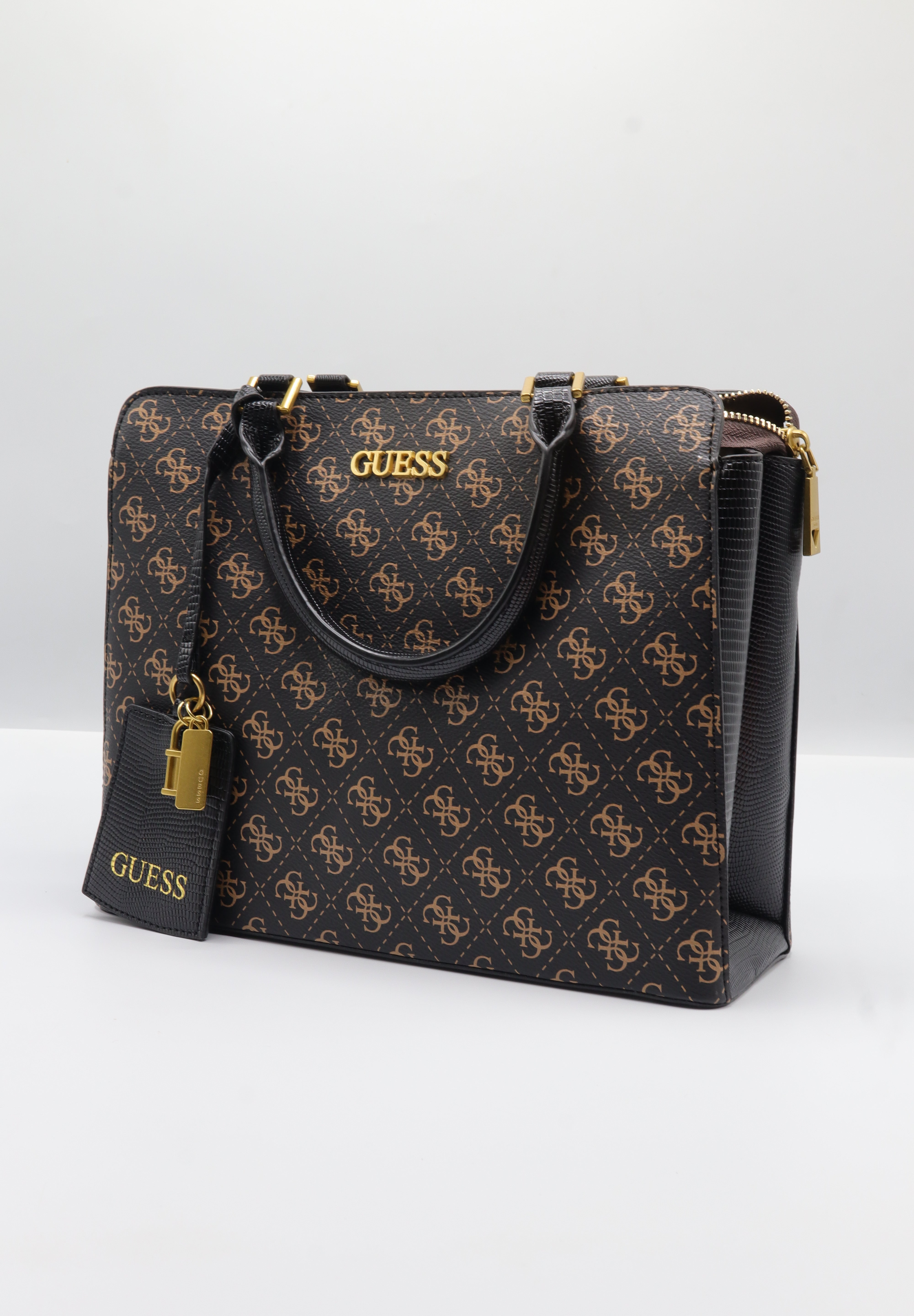 Guess Logo Satchel Bag | Brown 4G Print & Gold Hardware