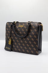 Guess Logo Satchel Bag | Brown 4G Print & Gold Hardware