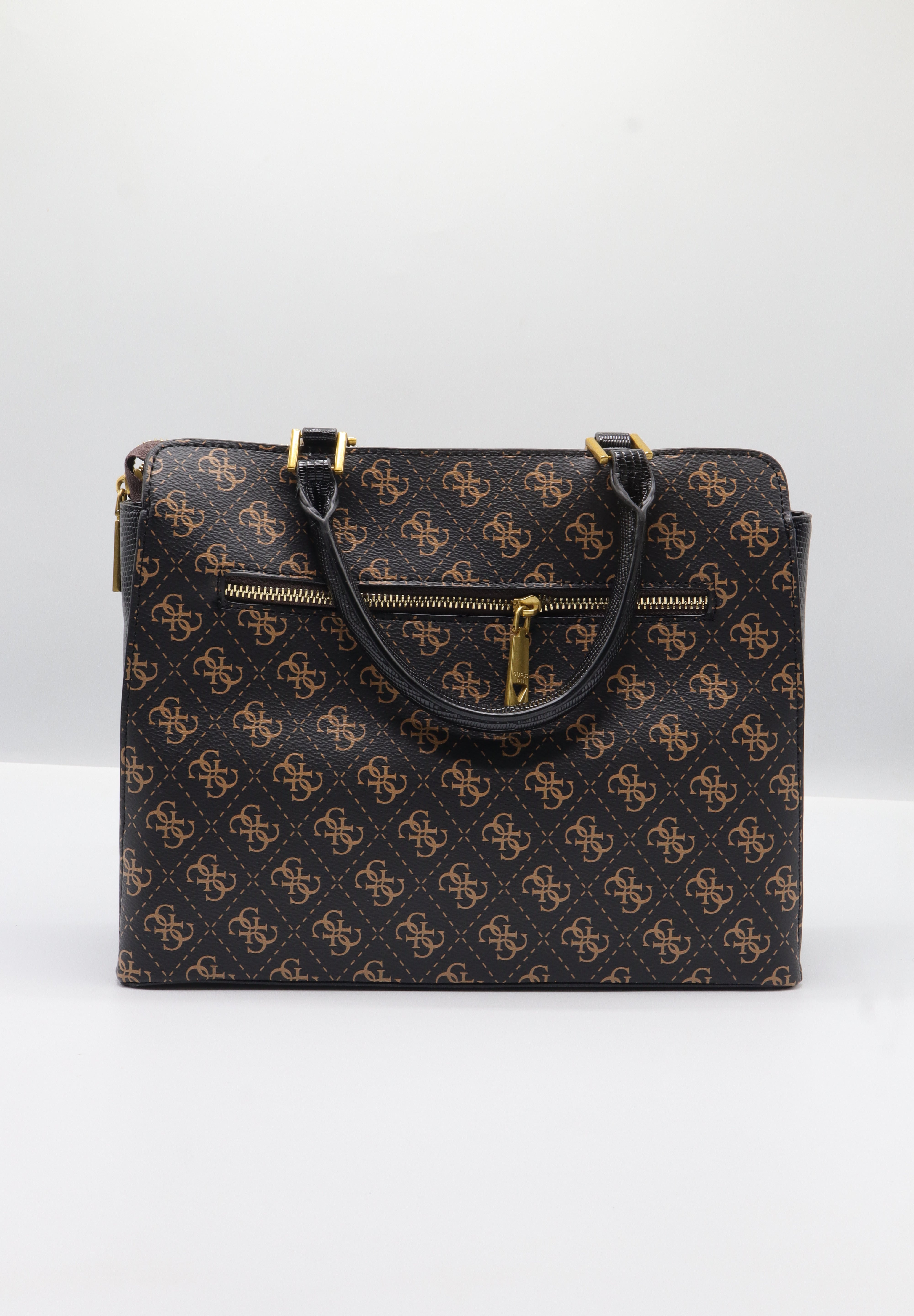 Guess Logo Satchel Bag | Brown 4G Print & Gold Hardware