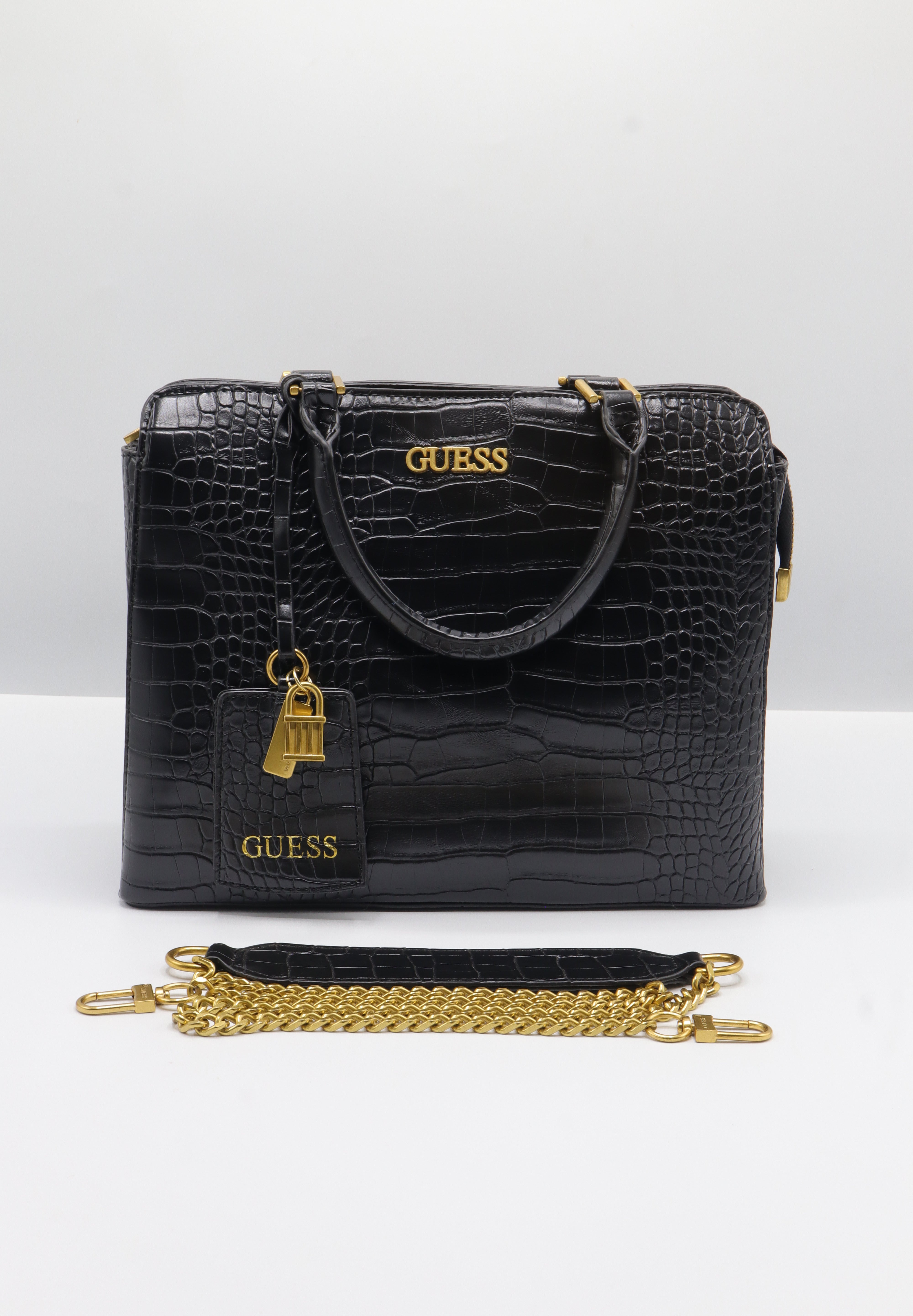 Guess Croc Satchel Bag | Black Embossed Leather & Gold Hardware