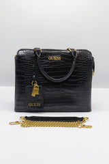 Guess Croc Satchel Bag | Black Embossed Leather & Gold Hardware