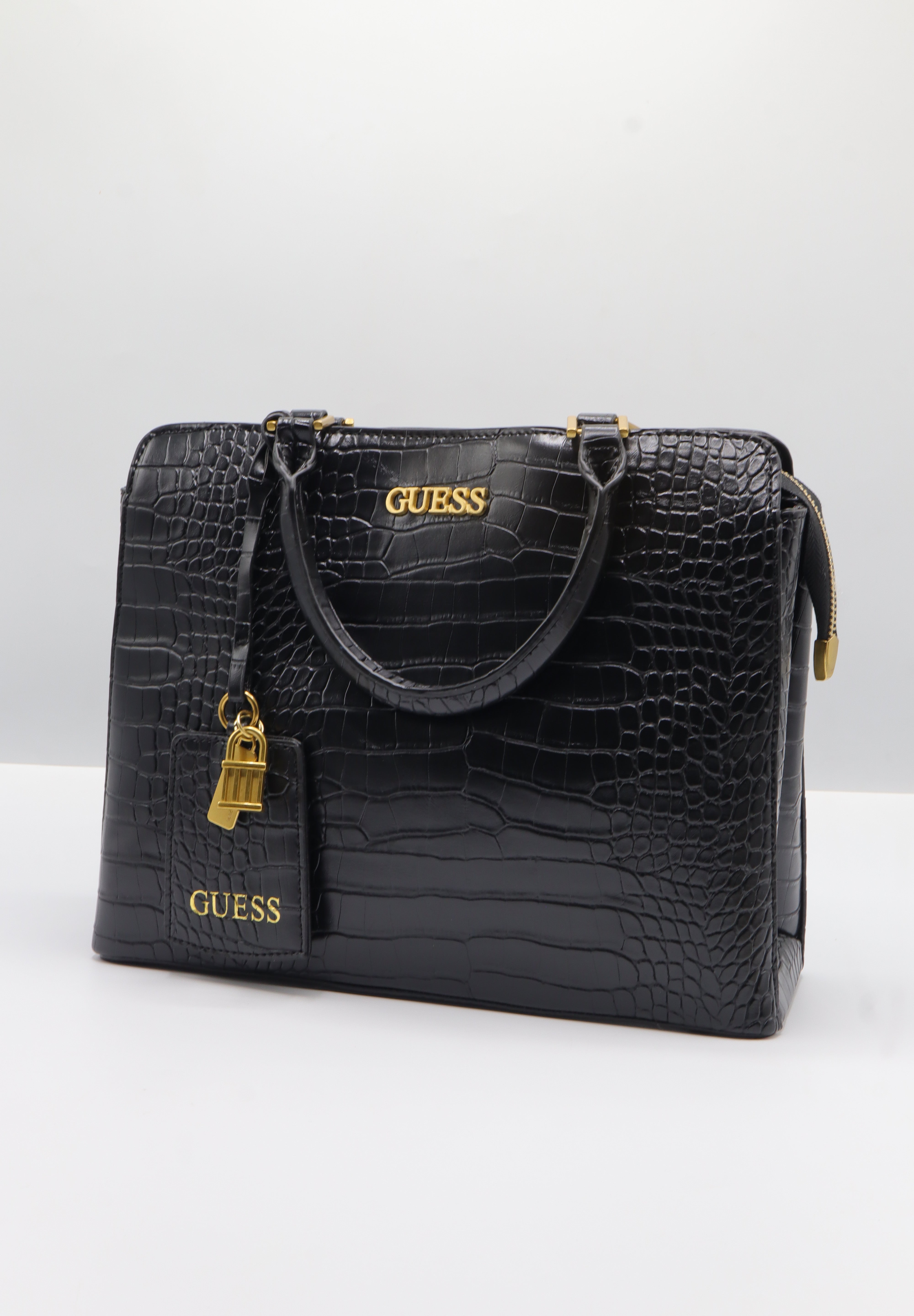 Guess Croc Satchel Bag | Black Embossed Leather & Gold Hardware