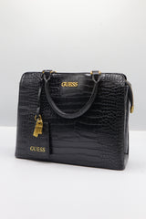 Guess Croc Satchel Bag | Black Embossed Leather & Gold Hardware