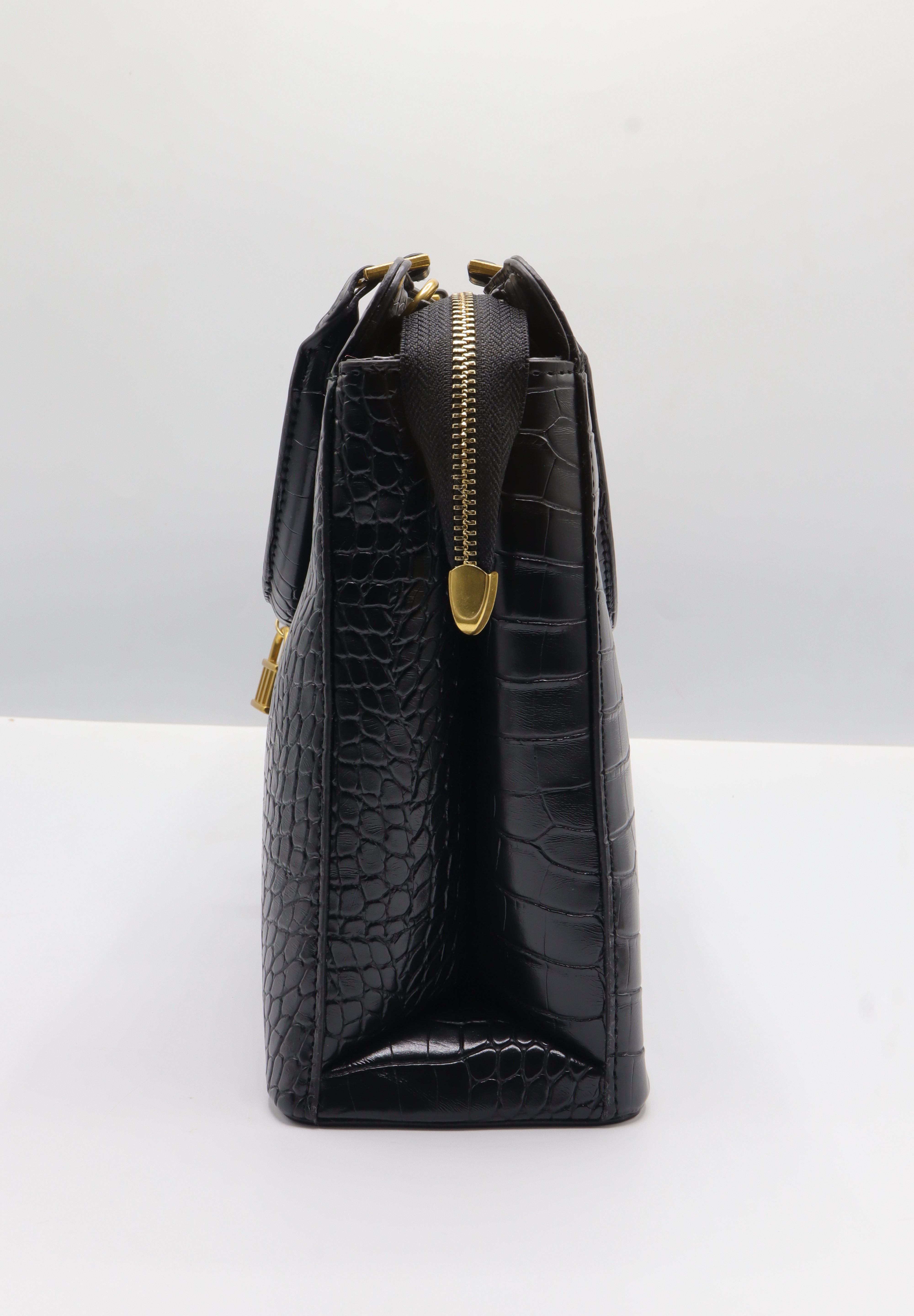 Guess Croc Satchel Bag | Black Embossed Leather & Gold Hardware