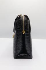Guess Croc Satchel Bag | Black Embossed Leather & Gold Hardware